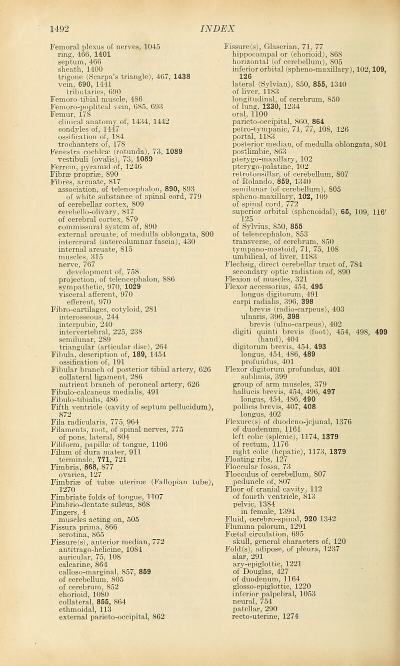 Femoral plexus of nerves, 1045 ring, 466, 1401 septum, 466 sheath, 1400 trigone (Scarpa's triangle), 467, 1438 vein, 690, 1441 tributaries, 690 Femoro-tibial muscle, 486 Femoro-popliteal vein, 685, 693 Femur, 178 clinical anatomy of, 1434, 1442 condyles of, 1447 ossification of, 184 trochanters of, 178 Fenestra cochleae (rotunda), 73, 1089 vestibuli (ovalis), 73, 1089 Ferrein, pyramid of, 1246 Fibras propriae, 890 Fibres, arcuate, 817 association, of telencephalon, 890, 893 of white substance of spinal cord, 779 of cerebellar cortex, 809 cerebello-olivary, 817 of cerebral cortex, 879 commissural system of, 890 external arcuate, of medulla oblongata, 800 interorural (intercolumnar fascia), 430 internal arcuate, 815 muscles, 315 nerve, 767 development of, 758 projection, of telencephalon, 886 sympathetic, 970, 1029 visceral afferent, 970 efferent, 970 Fibro-cartQages, cotyloid, 281 interosseous, 244 interpubic, 240 intervertebral, 225, 238 semilunar, 289 triangular (articular disc), 264 Fibula, description of, 189, 1454 ossification of, 191 Fibular branch of posterior tibial artery, 626 collateral ligament, 286 nutrient branch of peroneal artery, 626 Fibulo-calcaneus medialis, 491 Fibulo-tibialis, 486 Fifth ventricle (cavity of septum pellucidum), 872 Fila radicularia, 775', 964 Filaments, root, of spinal nerves, 775 of pons, lateral, 804 Filiform, papillae of tongue, 1106 Filum of dura mater, 911 terminale, 771, 721 Fimbria, 868, 877 ovarica, 127 Fimbriae of tubae uterinae (Fallopian tube), 1270 Fimbriate folds of tongue, 1107 Fimbrio-dentate sulcus, 868 Fingers, 4 muscles acting on, 505 Fissura prima, 866 serotina, 865 Fissure(s), anterior median, 772 antitrago-helicine, 1084 auricular, 75, 108 calcarine, 864 calloso-marginal, 857, 859 of cerebellum, 805 of cerebrum, 852 chorioid, 1080 collateral, 855, 864 ethmoidal, 113 external parieto-occipital, 862 Fissure(s), Glaserian, 71, 77 hippocampal or (chorioid), 868 horizontal (of cerebellum), 805 inferior orbital (spheno-maxillary), 102,109, 126 lateral (Sylvian), 850, 855, 1340 of liver, 1183 longitudinal, of cerebrum, 850 of lung, 1230, 1234 oral, HOC parieto-occipital, 860, 864 petro-tympanic, 71, 77, 108, 126 portal, 1183 posterior median, of medulla oblongata, 801 postlimbic, 863 pterygo-maxillary, 102 pterygo-palatine, 102 retrotonsillar, of cerebellum, 807 of Rolando, 859, 1340 semilunar (of cerebellum), 805 spheno-maxillary, 102, 109 of spinal cord, 772 superior orbital (sphenoidal), 65, 109, 116' 125 of Sylvius, 850, 855 of telencephalon, 853 transverse, of cerebrum, 850 tympano-mastoid, 71, 75, 108 umbilical, of liver, 1183 Flechsig, direct cerebellar tract of, 784 secondary optic radiation of, 890 Flexion of muscles, 321 Plexor accessorius, 454, 495 longus digitorum, 491 carpi radialis, 396, 398 brevis (radio-carpeus), 403 ulnaris, 396, 398 brevis (ulno-earpeus), 402 digiti quinti brevis (foot), 454, 498, 499 (hand), 404 digitorum brevis, 454, 493 longus, 454, 486, 489 profundus, 401 Flexor digitorum profundus, 401 sublimis, 399 group of arm muscles, 379 haUucis brevis, 454, 496, 497 longus, 454, 486, 490 poUicis brevis, 407, 408 longus, 402 Flexure(s) of duodeno-jejunal, 1376 of duodenum, 1161 left cohe (splenic), 1174, 1379 of rectum, 1176 right colic (hepatic), 1173, 1379 Floating ribs, 127 Floccular fossa, 73 Flocculus of cerebellum, 807 peduncle of, 807 Floor of cranial cavitj', 112 of fourth ventricle, 813 pelvic, 1384 in female, 1394 Fluid, cerebro-spinal, 920 1342 Flumma pilorum, 1291 Fcetal circulation, 695 skull, general characters of, 120 Fold(s), adipose, of pleura, 1237 alar, 291 ary-epiglottic, 1221 of Douglas, 427 of duodenum, 1164 glosso-epiglottic, 1220 inferior palpebral, 1053 neural, 754 patellar, 290 recto-uterine, 1274