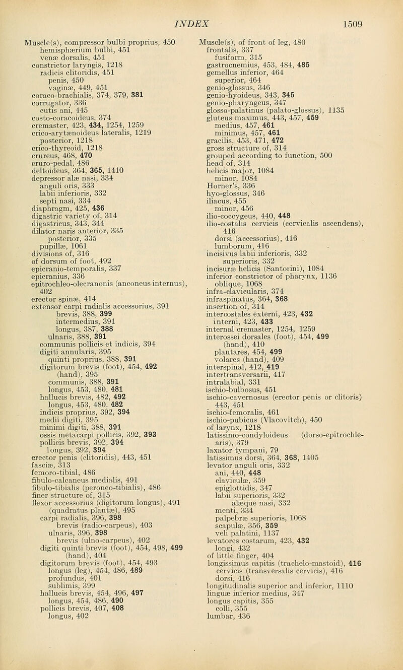 Musole(s), compressor bulbi proprius, 450 hemisphseriura bulbi, 451 venae dorsalis, 451 constrictor laryngis, 1218 radicis clitoridis, 451 penis, 450 vaginae, 449, 451 ooraco-brachialis, 374, 379, 381 corrugator, 336 cutis ani, 445 costo-coraooideus, 374 cremaster, 423, 434, 1254, 1259 crico-arytEenoideus lateralis, 1219 posterior, 1218 crico-thyreoid, 1218 crureus, 468, 470 cruro-pedal, 486 deltoideus, 364, 365, 1410 depressor alae nasi, 334 anguli oris, 333 labii inferioris, 332 septi nasi, 334 diaphragm, 425, 436 digastric variety of, 314 digastricus, 343, 344 dilator naris anterior, 335 posterior, 335 pupilte, 1061 divisions of, 316 of dorsum of foot, 492 epicranio-temporalis, 337 epicranius, 336 epitrochleo-olecranonis (anconeus internus), 402 erector spinas, 414 extensor carpi radialis accessorius, 391 brevis, 388, 399 intermedius, 391 longus, 387, 388 ulnaris, 388, 391 communis pollicis et indicis, 394 digiti annularis, 395 quinti proprius, 388, 391 digitorum brevis (foot), 454, 492 (hand), 395 communis, 388, 391 longus, 453, 480, 481 hallucis brevis, 482, 492 longus, 453, 480, 482 indicis proprius, 392, 394 medii digiti, 395 minimi digiti, 388, 391 ossis metacarpi pollicis, 392, 393 poDicis brevis, 392, 394 longus, 392, 394 erector penis (clitoridis), 443, 451 fascite, 313 femoro-tibial, 486 fibulo-calcaneus medialis, 491 fibulo-tibialis (peroneo-tibialis), 486 finer structure of, 315 flexor accessorius (digitorum longus), 491 (quadratus plantae), 495 carpi radialis, 396, 398 brevis (radio-carpeus), 403 ulnaris, 396, 398 brevis (ulno-carpeus), 402 digiti quinti brevis (foot), 454, 498, 499 (hand), 404 digitorum brevis (foot), 454, 493 longus (leg), 454, 486, 489 profundus, 401 sublimis, 399 hallucis brevis, 454, 496, 497 longus, 454, 486, 490 pollicis brevis, 407, 408 longus, 402 Muscle (s), of front of leg, 480 frontalis, 337 fusiform, 315 gastrocnemius, 453, 484, 485 gemellus inferior, 464 superior, 464 genio-glossus, 346 genio-hyoideus, 343, 345 genio-pharyngeus, 347 glosso-palatinus (palato-glossus), 1135 gluteus maximus, 443, 457, 459 medius, 457, 461 minimus, 457, 461 gracilis, 453, 471, 472 gross structure of, 314 grouped according to function, 500 head of, 314 helicis major, 1084 minor, 1084 Horner's, 336 hyo-glossus, 346 iliacus, 455 minor, 456 ilio-coccygeus, 440, 448 ilio-costalis cervicis (cervicalis ascendens), 416 dorsi (accessorius), 416 lumborum, 416 incisivus labii inferioris, 332 superioris, 332 incisure helicis (Santorini), 1084 inferior constrictor of pharynx, 1136 oblique, 1068 infra-clavicularis, 374 infraspinatus, 364, 368 insertion of, 314 intercostales externi, 423, 432 interni, 423, 433 internal cremaster, 1254, 1259 interossei dorsales (foot), 454, 499 (hand), 410 plantares, 454, 499 volares (hand), 409 interspinal, 412, 419 intertransversarii, 417 intralabial, 331 ischio-bulbosus, 451 ischio-cavernosus (erector penis or clitoris) 443, 451 isohio-femoraUs, 461 isohio-pubicus (Vlacovitch), 450 of larynx, 1218 latissimo-condyloideus (dorso-epitrochle- aris), 379 laxator tympani, 79 latissimus dorsi, 364, 368, 1405 levator anguli oris, 332 ani, 440, 448 clavioulae, 359 epiglottidis, 347 labii superioris, 332 alaeque nasi, 332 menti, 334 palpebrae superioris, 1068 scapulae, 356, 369 veli palatini, 1137 levatores costarum, 423, 432 longi, 432 of little finger, 404 longissimus capitis (trachelo-mastoid), 416 cervicis (transversalis cervicis), 416 dorsi, 416 longitudinalis superior and inferior, 1110 linguae inferior medius, 347 longus capitis, 355 colli, 355 lumbar, 436