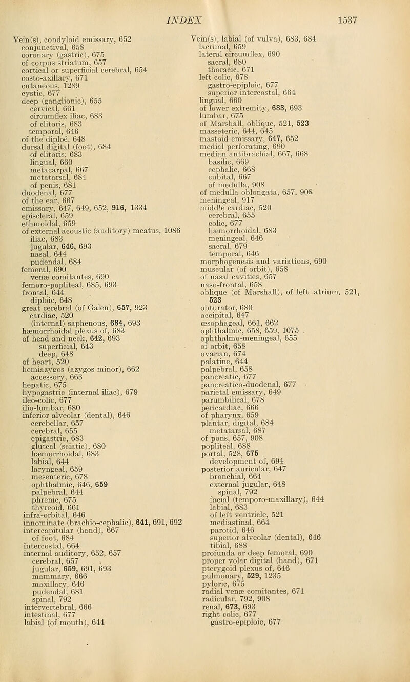 Vein(s), condyloid emissary, 652 conjunctival, 658 coronary (gastric), 675 of corpus striatum, 657 cortical or superficial cerebral, 654 costo-axillary, 671 cutaneous, 1289 cystic, 677 deep (ganglionic), 655 cervical, 661 circumflex iliac, 683 of clitoris, 683 temporal, 646 of the diploe, 648 dorsal digital (foot), 684 of clitoris; 683 lingual, 660 metacarpal, 667 metatarsal, 684 of penis, 681 duodenal, 677 of the ear, 667 emissary, 647, 649, 652, 916, 1334 episcleral, 659 ethmoidal, 659 of external acoustic (auditory) meatus, 1086 iliac, 683 jugular, 646, 693 nasal, 644 pudendal, 684 femoral, 690 vena3 comitantes, 690 femoro-popliteal, 685, 693 frontal, 644 diploic, 648 great cerebral (of Galen), 657, 923 cardiac, 520 (internal) saphenous, 684, 693 hajmorrhoidal plexus of, 683 of head and neck, 642, 693 superficial, 643 deep, 648 of heart, 520 hemiazygos (azygos minor), 662 accessory, 663 hepatic, 675 hypogastric (internal iliac), 679 ileo-colic, 677 ilio-lumbar, 680 inferior alveolar (dental), 646 cerebellar, 657 cerebral, 655 epigastric, 683 gluteal (sciatic), 680 hemorrhoidal, 683 labial, 644 laryngeal, 659 mesenteric, 678 ophthalmic, 646, 659 palpebral, 644 phrenic, 675 thyreoid, 661 infra-orbital, 646 innominate (brachio-cephalic), 641, 691, 692 intercapitular (hand), 667 of foot, 684 intercostal, 664 internal auditorj', 652, 657 cerebral, 657 jugular, 659, 691, 693 mammary, 666 maxillary, 646 pudendal; 681 spinal, 792 intervertebral, 666 Intestinal, 677 labial (of mouth), 644 Vein(s), labial (of vulva), 683, 684 lacrimal, 659 lateral circumflex, 690 sacral, 680 thoracic, 671 left colic, 678 gastro-epiploio, 677 superior intercostal, 664 lingual, 660 of lower extremity, 683, 693 lumbar, 675 of Marshall, oblique, 521, 523 masseteric, 644, 645 mastoid emissary, 647, 652 medial perforating, 690 median antibrachial, 667, 668 basilic, 669 cephalic, 668 cubital, 667 of medulla, 908 of medulla oblongata, 657, 908 meningeal, 917 middle cardiac, 520 cerebral, 655 colic, 677 hajmorrhoidal, 683 meningeal, 646 sacral, 679 temporal, 646 morphogenesis and variations, 690 muscular (of orbit), 658 of nasal cavities, 657 naso-frontal, 658 oblique (of Marshall), of left atrium. 521, 623 obturator, 680 occipital, 647 oesophageal, 661, 662 ophthalmic, 658, 659, 1075 . ophthalmo-meningeal, 655 of orbit, 658 ovarian, 674 palatine, 644 palpebral, 658 pancreatic, 677 pancreatico-duodenal, 677 parietal emissary, 649 parumbilioal, 678 pericardiac, 666 of pharynx, 659 plantar, digital, 684 metatarsal, 687 of pons, 657, 908 popliteal, 688 portal, 528, 675 development of, 694 posterior auricular, 647 bronchial, 664 external jugular, 648 spinal, 792 facial (temporo-maxillary), 644 labial, 683 of left ventricle, 521 mediastinal, 664 parotid, 646 superior alveolar (dental), 646 tibial, 688 profunda or deep femoral, 690 proper volar digital (hand), 671 pterygoid plexiis of, 646 pulmonary, 529, 1235 pyloric, 675 radial vena; comitantes, 671 radicular, 792, 908 renal, 673, 693 right colic, 677 gastro-epiploic, 677