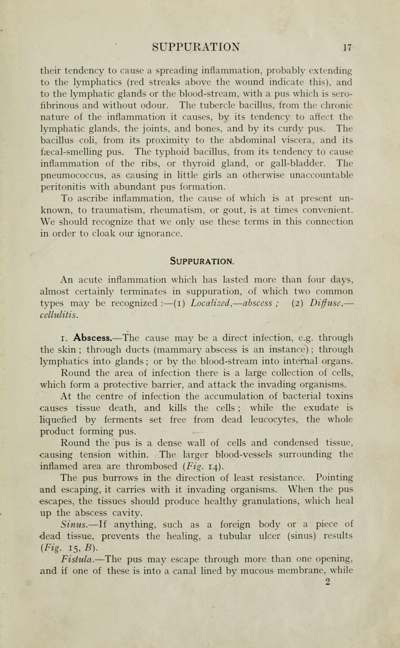 their tendency to cause a spreading inflammation, probably extending to the lymphatics (red streaks above the wound indicate this), and to the lymphatic glands or the blood-stream, with a pus which is sero- fibrinous and without odour. The tubercle bacillus, from the chronic nature of the inflammation it causes, by its tendency to affect the lymphatic glands, the joints, and bones, and by its curdy pus. The bacillus coli, from its proximity to the abdominal viscera, and its fsecal-smelling pus. The typhoid bacillus, from its tendency to cause inflammation of the ribs, or thyroid gland, or gall-bladder. The pneumococcus, as causing in little girls an otherwise unaccountable peritonitis with abundant pus formation. To ascribe inflammation, the cause of which is at present un- known, to traumatism, rheumatism, or gout, is at times convenient. We should recognize that we only use these terms in this connection in order to cloak our ignorance. Suppuration. An acute inflammation which has lasted more than four days, almost certainly terminates in suppuration, of which two common types may be recognized :—(i) Localized,—abscess ; (2) Diffuse,— cellulitis. I. Abscess.—The cause may be a direct infection, e.g. through the skin ; through ducts (mammary abscess is an instance); through lymphatics into glands ; or by the blood-stream into intertial organs. Round the area of infection there is a large collection of cells, which form a protective barrier, and attack the invading organisms. At the centre of infection the accumulation of bacterial toxins causes tissue death, and kills the cells ; while the exudate is liquefied by ferments set free from dead leucocytes, the whole product forming pus. Round the pus is a dense wall of cells and condensed tissue, causing tension within. The larger blood-vessels surrounding the inflamed area are thrombosed {Fig. 14). The pus burrows in the direction of least resistance. Pointing and escaping, it carries with it invading organisms. When the pus escapes, the tissues should produce healthy granulations, which heal up the abscess cavity. Sinus.—If anything, such as a foreign body or a piece of dead tissue, prevents the healing, a tubular ulcer (sinus) results (Fig- ^5,B). Fistula.—The pus may escape through more than one opening, and if one of these is into a canal lined by mucous membrane, while