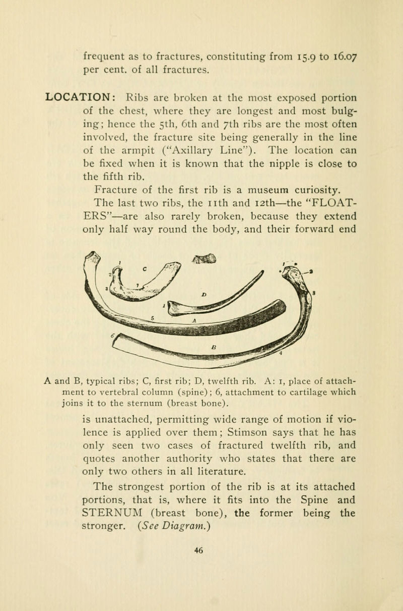 frequent as to fractures, constituting from 15.9 to 16.07 per cent, of all fractures. LOCATION: Ribs are broken at the most exposed portion of the chest, where they are longest and most bulg- ing; hence the 5th, 6th and 7th ribs are the most often involved, the fracture site being generally in the line of the armpit (Axillary Line). The location can be fixed when it is known that the nipple is close to the fifth rib. Fracture of the first rib is a museum curiosity. The last two ribs, the nth and 12th—the FLOAT- ERS—are also rarely broken, because they extend only half way round the body, and their forward end A and B, typical ribs; C, first rib; D, twelfth rib. A: 1, place of attach- ment to vertebral column (spine); 6, attachment to cartilage which joins it to the sternum (breast bone). is unattached, permitting wide range of motion if vio- lence is applied over them; Stimson says that he has only seen two cases of fractured twelfth rib, and quotes another authority who states that there are only two others in all literature. The strongest portion of the rib is at its attached portions, that is, where it fits into the Spine and STERNUM (breast bone), the former being the stronger. (See Diagram.)