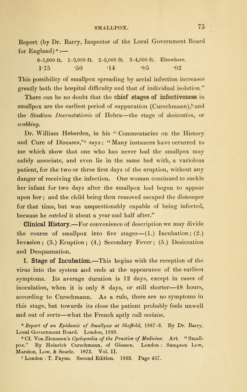 Report (by Dr. Barry, Inspector of the Local Government Board for England) a :— 0-1,000 ft. 1-2,000 ft. 2-3,000 ft. 3-4,000 ft. Elsewhere. 1-75 '50 -14 -05 -02 This possibility of smallpox spreading by aerial infection increases greatly both the hospital difficulty and that of individual isolation. There can be no doubt that the chief stages of infectiveness in smallpox are the earliest period of suppuration (Curschmann),b and the Stadium Decrustationis of Hebra—the stage of desiccation, or scabbing. Dr. William Heberden, in his  Commentaries on the History and Cure of Diseases,0 says:  Many instances have occurred to me which show that one who has never had the smallpox may safely associate, and even lie in the same bed with, a variolous patient, for the two or three first days of the eruption, without any danger of receiving the infection. One woman continued to suckle her infant for two days after the smallpox had begun to appear upon her; and the child being then removed escaped the distemper for that time, but was unquestionably capable of being infected, because he catched it about a year and half after. Clinical History.—For convenience of description we may divide the course of smallpox into five stages—(1.) Incubation; (2.) Invasion; (3.) Eruption; (4.) Secondary Fever; (5.) Desiccation and Desquamation. I. Stage of Incubation.—This begins with the reception of the virus into the system and ends at the appearance of the earliest symptoms. Its average duration is 12 days, except in cases of inoculation, when it is only 8 days, or still shorter—18 hours, according to Curschmann. As a rule, there are no symptoms in this stage, but towards its close the patient probably feels unwell and out of sorts—what the French aptly call malaise. ■Report of an Epidemic of Smallpox at Sheffield, 1887-8. By Dr. Barry, Local Government Board. London, 1889. b Cf. Von Ziemssen's Cyclopcedia of the Practice of Medicine. Art.  Small- pox. By Heinrich Curschmann, of Giessen. London : Sampson Low, Marston, Low, & Searle. 1875. Vol. II. c London : T. Payne. Second Edition. 1803. Page 437.