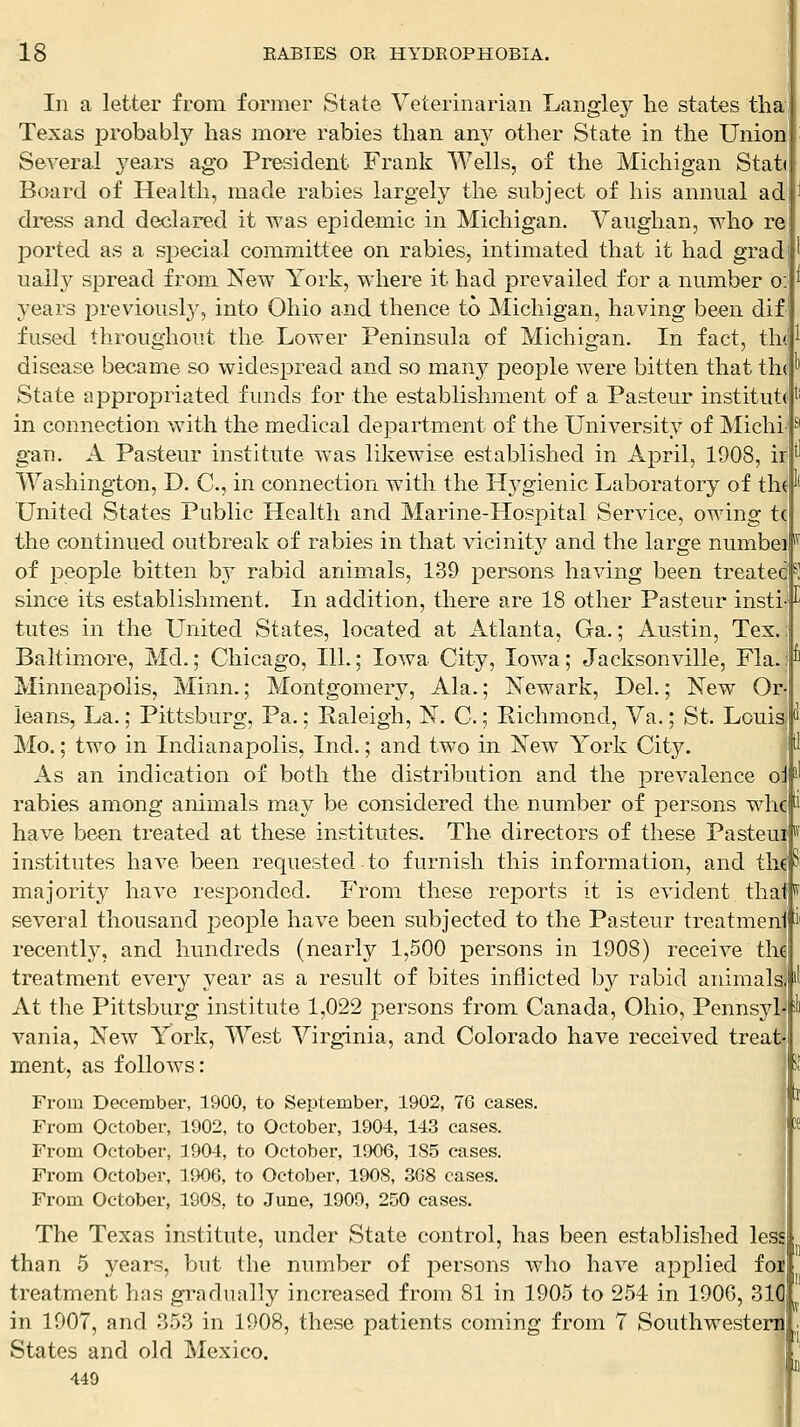 In a letter from former State Veterinarian Langley he states tlia Texas j^robably has more rabies than any other State in the Union Se^^eral j^ears ago President Frank Wells, of the Michigan Stat( Board of Health, made rabies largely the subject of his annual ad dress and declared it was epidemic in Michigan. Vaughan, who re ported as a special committee on rabies, intimated that it had gradj ually spread from New York, where it had prevailed for a number o: years previously, into Ohio and thence to Michigan, having been dif fused throughout the Lower Peninsula of Michigan, In fact, th(' disease became so widespread and so many people were bitten that th( State appropriated funds for the establishment of a Pasteur institut< in connection with the medical department of the University of Michi gan. A Pasteur institute was likewise established in April, 1908, ir Washington, D. C., in connection with the Hj^gienic Laboratory of th(''' United States Public Health and Marine-Hospital Service, owing t( the continued outbreak of rabies in that vicinit}'' and the large numbeif of people bitten hj rabid animals, 139 persons having been treated since its establishment. In addition, there are 18 other Pasteur insti- tutes in the United States, located at Atlanta, Ga.; Austin, Tex. Baltimore, Mel.; Chicago, 111.; Iowa City, Iowa; Jacksonville, Fla. Minneapolis, Minn.; Montgomery, Ala.; Newark, Del.; New Or leans, La.; Pittsburg, Pa.; Ealeigh, N. C.; Richmond, Va.; St. Louis, Mo.; two in Indianapolis, Ind.; and two in New York City. As an indication of both the distribution and the prevalence oi *' rabies among animals may be considered the number of persons whc 'i have been treated at these institutes. The directors of these Pasteui' institutes have been requested to furnish this information, and the'Si majority have responded. From these reports it is evident thaff several thousand people have been subjected to the Pasteur treatmeni ^ recently, and hundreds (nearly 1,500 persons in 1908) receive the treatment every year as a result of bites inflicted by rabid animals, At the Pittsburg institute 1,022 persons from Canada, Ohio, Pennsyl vania, New York, West Virginia, and Colorado have received treat- ment, as follows: 3i From December, 1900, to September, 1902, 76 cases. * From October, 1902, to October, 1904, 143 cases. From October, 1904, to October, 1906, 185 cases. From October, 1906, to October, 1908, 368 cases. From October, 1908, to June, 1909, 250 cases. The Texas institute, under State control, has been established less than 5 years, but the number of persons who have applied for treatment has gi-adually increased from 81 in 1905 to 254 in 1906, SlOf in 1907, and 353 in 1908, these patients coming from 7 Southwestern States and old Mexico. 449 E ti Ji