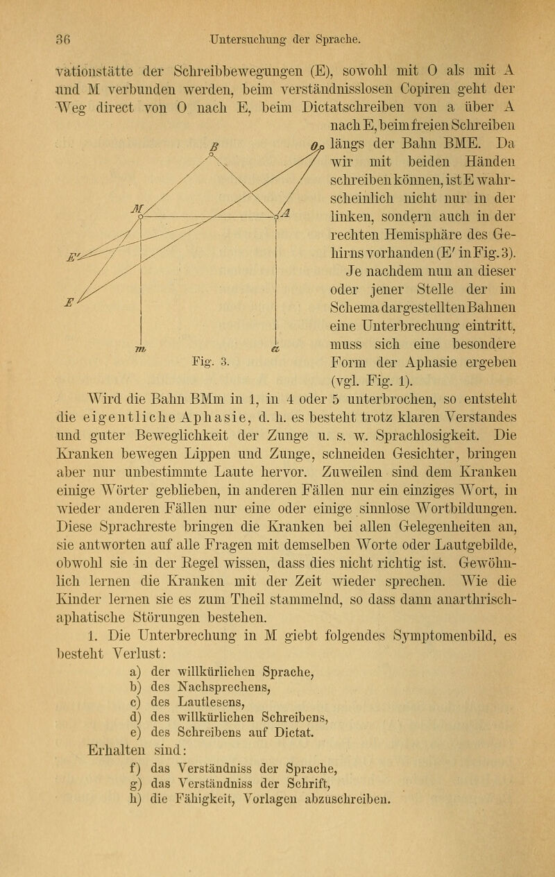 vationstätte der Schreibbewegungen (E), sowolü mit 0 als mit A und M verbunden werden, beim verständnisslosen Copiren geht der Weg direct von 0 nach E, beim Dictatschreiben von a über A nach E, beim freien Schreiben längs der Bahn BME. Da wir mit beiden Händen schreiben können, istE wahr- scheinlich nicht nur in der linken, sondern auch in der rechten Hemisphäre des Ge- hirns vorhanden (E' in Fig. 3). Je nachdem nun an dieser oder jener Stelle der im Schema dargestellten Bahnen eine Unterbrechung eintritt, muss sich eine besondere Form der Aphasie ergeben (vgl. Fig. 1). Wird die Bahn BMm in 1, in 4 oder 5 unterbrochen, so entstellt die eigentliche Aphasie, d. h. es besteht trotz klaren Verstandes und guter Beweglichkeit der Zunge u. s. w. Sprachlosigkeit. Die Kranken bewegen Lippen und Zunge, schneiden Gesichter, bringen aber nur unbestimmte Laute hervor. Zuweilen sind dem Kranken einige Wörter geblieben, in anderen Fällen nur ein einziges Wort, in wieder anderen Fällen nur eine oder einige sinnlose Wortbildungen. Diese Sprachreste bringen die Kranken bei allen Gelegenheiten an, sie antworten auf alle Fragen mit demselben Worte oder Lautgebilde, obwohl sie in der Eegel wissen, dass dies nicht richtig ist. Gewöhn- lich lernen die Kranken mit der Zeit wieder sprechen. Wie die Kinder lernen sie es zum Theil stammelnd, so dass dann anarthrisch- aphatische Störungen bestehen. 1. Die Unterbrechung in M giebt folgendes Symptomenbild, es besteht Verlust: a) der willkürlichen Sprache, b) des Nachsprechens, c) des Lautlesens, d) des willkürlichen Schreibens, e) des Schreibens auf Dictat. Erhalten sind: f) das Verständniss der Sprache, g) das Verständniss der Schrift, h) die Fähigkeit, Vorlagen abzuschreiben.