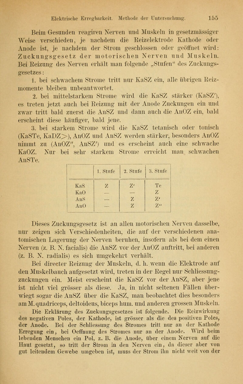 Beim Gesunden reagiren Nerven und Muskeln in gesetzmässiger Weise verschieden, je nachdem die Reizelektrode Kathode oder Anode ist, je nachdem der Strom geschlossen oder geöffnet wird: Zuckungsgesetz der motorischen Nerven und Muskeln. Bei Reizung- des Nerven erhält man folgende „Stufen des Zuckungs- gesetzes : 1. bei schwachem Strome tritt nur KaSZ ein, alle übrigen Reiz- momente bleiben unbeantwortet, 2. bei mittelstarkem Strome wird die KaSZ stärker (KaSZ'), es treten jetzt auch bei Reizung mit der Anode Zuckungen ein und zwar tritt bald zuerst die AnSZ und dann auch die AnOZ ein, bald erscheint diese häufiger, bald jene. 3. bei starkem Strome wird die KaSZ tetanisch oder tonisch (KaSTe, KaDZ», AnOZ und AnSZ werden stärker, besonders AnOZ nimmt zu (AnOZ, AnSZ') und es erscheint auch eine schwache KaOZ. Nur bei sehr starkem Strome erreicht man schwachen AnSTe, 1. Stufe 2. Stufe 3. Stufe KaS Z Z' Te KaO — — Z AnS —. z Z' AnO — z Z Dieses Zuckungsgesetz ist an allen motorischen Nerven dasselbe, nur zeigen sich Verschiedenheiten, die auf der verschiedenen ana- tomischen Lagerung der Nerven beruhen, insofern als bei dem einen Nerven (z. B. N. facialis) die AnSZ vor der AnOZ auftritt, bei anderen (z. B. N. radialis) es sich umgekehrt verhält. Bei directer Reizung der Muskeln, d. h. wenn die Elektrode auf den Muskelbauch aufgesetzt wird, treten in der Regel nur Schliessung- zuckungen ein. Meist erscheint die KaSZ vor der AnSZ, aber jene ist nicht viel grösser als diese. Ja, in nicht seltenen Fällen über- wiegt sogar die AnSZ über die KaSZ, man beobachtet dies besonders am M. quadriceps, deltoideus, biceps hum. und anderen grossen Muskeln. Die Erklärung des Zuckungsgesetzes ist folgende. Die Reizwirkung des negativen Poles, der Kathode, ist grösser als die des positiven Poles, der Anode. Bei der Schliessung des Stromes tritt nur an der Kathode Erregung ein, bei Oeffnung des Stromes nur an der Anode. Wird beim lebenden Menschen ein Pol, z. B. die Anode, über einem Nerven auf die Haut gesetzt, so tritt der Strom in den Nerven ein, da dieser aber von gut leitendem Gewebe umgeben ist, muss der Strom ihn nicht weit von der