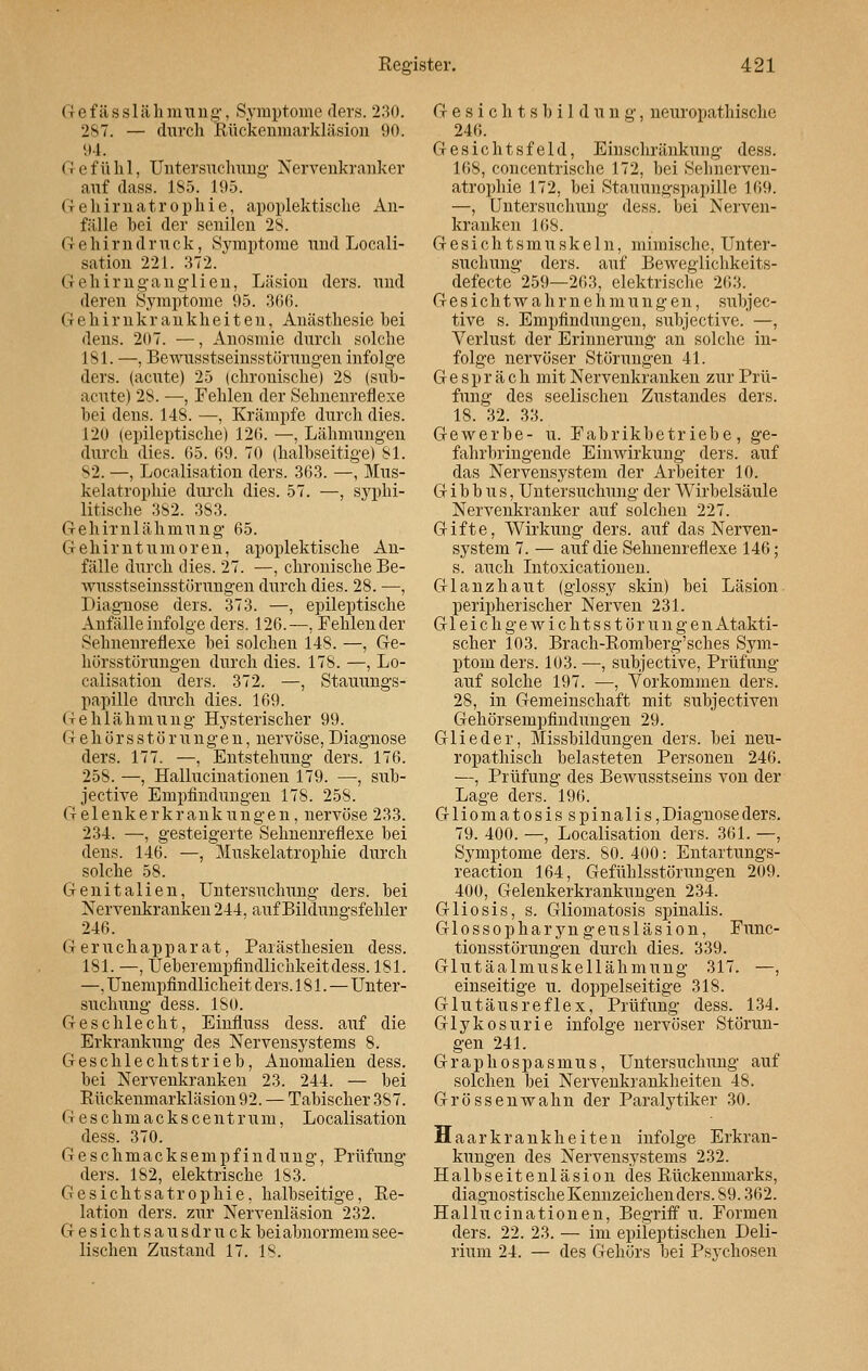 Gefässlähmung, Symptome ders. 230. 287. — durch Rückenmarkläsion 90. 94. Gefühl, Untersuchung Nervenkranker auf dass. 185. 195. G ehirnatr o phi e, apoplektische An- fälle hei der senilen 28. Gehirndruck, Symptome und Locali- sation 221. 372. Gehirnganglien, Läsion ders. und deren Symptome 95. 366. Gehirnkrankheiten, Auästhesie hei dens. 207. —, Anosmie durch solche 181. —, Bewusstseinsstörungen infolge ders. (acute) 25 (chronische) 28 (sub- acute) 28. —, Fehlen der Sehnenreflexe bei dens. 148. —, Krämpfe durch dies. 120 (epileptische) 12(1. —, Lähmungen durch dies. 65. 09. 70 (halbseitige) 81. 82. —, Localisation ders. 363. —, Mus- kelatrophie durch dies. 57. —, syphi- litische 382. 383. Gehirnlähmung 65. Gehirntumoren, apoplektische An- fälle durch dies. 27. —, chronische Be- wusstseinsstörungen durch dies. 28. —, Diagnose ders. 373. —, epileptische Anfälleinfolge ders. 126.—, Fehlender Sehnenreflexe bei solchen 148. —, Ge- hörsstörungen durch dies. 178. —, Lo- calisation ders. 372. —, Stauungs- papille durch dies. 169. Gehlähmung Hysterischer 99. G e h ö r s s t ö r u n g e n, nervöse, Diagnose ders. 177. —, Entstehung ders. 176. 258. —, Hallucinationen 179. —, sub- jective Empfindungen 178. 258. Gelenkerkrankungen, nervöse 233. 234. —, gesteigerte Seimenreflexe hei dens. 146. —, Muskelatrophie durch solche 58. Genitalien, Untersuchung ders. bei Nervenkranken 244, auf Bildungsfehler 246. Geruchapparat, Parästhesien dess. 181. —, Ueherempfindlichkeitdess. 181. —, Unempfindlichst ders. 181.—Unter- suchung dess. ISO. Geschlecht, Einfluss dess. auf die Erkrankung des Nervensystems 8. Geschlechtstrieb, Anomalien dess. bei Nervenkranken 23. 244. — bei Rückenmarkläsion 92. — Tabischer 387. G e s c hm a c k s ce nt r um, Localisation dess. 370. Geschmacksempfindung, Prüfung ders. 182, elektrische 183. Gesichtsatrophie, halbseitige, Re- lation ders. zur Nervenläsion 232. G e s i c h t s a u s d r u c k bei abnormem see- lischen Zustand 17. 18. G e s i c h t s b i 1 d u n g, neuropathische 246. Gesichtsfeld, Einschränkung dess. 168, concentrische 172, bei Sehncrven- atrophie 172, bei Stauungspapille 169. —, Untersuchung dess. bei Nerven- kranken 168. Gesichtsmuskeln, mimische, Unter- suchung ders. auf Beweglichkeits- defecte 259—263, elektrische 263. G e s i c h t w a h r n e h m u n g e n, subj e c- tive s. Empfindungen, subjective. —, Verlust der Erinnerung an solche in- folge nervöser Störungen 41. Gespräch mit Nervenkranken zur Prü- fung des seelischen Zustandes ders. 18. 32. 33. Gewerbe- ü. Fabrikbetriebe, ge- fahrbringende Einwirkung ders. auf das Nervensystem der Arbeiter 10. G i b b u s, Untersuchung der Wirbelsäule Nervenkranker auf solchen 227. Gifte, Wirkung ders. auf das Nerven- system 7. — auf die Sehnenreflexe 146; s. auch Intoxicationen. Glanz haut (glossy skin) bei Läsion peripherischer Nerven 231. Gleich g e w i c h t s s t ö r u n g e n A takti- scher 103. Brach-Romberg'sches Sym- ptom ders. 103. —, subjective, Prüfung auf solche 197. —, Vorkommen ders. 28, in Gemeinschaft mit subjectiven Gehörsempfindungen 29. Glieder, Missbildungen ders. bei neu- ropathisch belasteten Personen 246. —, Prüfung des Bewusstseins von der Lage ders. 196. Gliomatosis spinalis,Diagnoseders. 79. 400. —, Localisation ders. 361. —, Symptome ders. SO. 400: Entartungs- reaction 164, Gefühlsstörungen 209. 400, Gelenkerkrankungen 234. Gliosis, s. Gliomatosis spinalis. Glossopharyngeusläsion, Func- tionsstörungen durch dies. 339. Glutäalmuskellähmung 317. —, einseitige u. doppelseitige 318. Glutäusreflex, Prüfung dess. 134. Glykosurie infolge nervöser Störun- gen 241. Graphospasmus, Untersuchung auf solchen bei Nervenkrankheiten 48. Grössenwahn der Paralytiker 30. Haarkrankheiten infolge Erkran- kungen des Nervensystems 232. Halbseitenläsion des Rückenmarks, diagnostische Kennzeichen ders. 89.362. Hallucinationen, Begriff u. Formen ders. 22. 23. — im epileptischen Deli- rium 24. — des Gehörs bei Psychosen