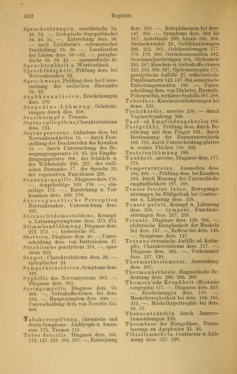 Sprachstörungen, anarthrische 34. 48. 52. —, dyslogische (logopathische) 34. 46. 51. —, Entstellung- ders. 34. — nach Liclitlieim's schein atischer Darstellung 35. 36. —, Localisation der Läsion ders. 50—52. —, parapha- tische 38. 39. 43. —, spasmodische 48. Sprachtauhheit s. Worttaubheit. Sprechfähigkeit, Prüfung ders. bei Nervenkranken 32. Sprechweise, Prüfung ders. bei Unter- suchung des seelischen Zustandes 19. 32. Stabkranzläsion, Erscheinungen ders. 370. Stapedius-Lähmung, Gehörstö- rungen durch dies. 258. Starrkrampf s. Tetanus. Statusepilepticus ,Charakteristicum dess. 124. Status praesens, Aufnahme dess. bei Nervenkrankheiten 15. — durch Fest- stellung der Beschwerden des Kranken 15. — durch Untersuchung des Be- wegungsapparates 53. 65, des Empfin- dungsapparates 166, des Schädels u. der Wirbelsäule 226. 227, des seeli- schen Zustandes 17, der Sprache 32, der vegetativen Functionen 228. Stauungspapille, Diagnose ders. 170. —, doppelseitige 169. 170. —, ein- seitige 171. —, Entstehung u. Vor- kommen ders. 169. 170. Stereognostische Perception Nervenkranker, Untersuchung ders. 197. Sternocleidomastoideus, Krampf- u. Lähmungssymptome dess. 273. 274. Stimmbandlähmung, Diagnose ders. 272. 273. —, hysterische 97. Stottern , Diagnose dess. 48. —Unter- scheidung dess. von Battarismus 47. Strabismus paralyticus 251. —, spas- ticus 253. Stupor, Charakteristicum dess. 22. —, epileptischer 24. Sy mpathicusläsion, Symptome ders. 'Wi. Syphilis des Nervensystems 382. —, Diagnose ders. 383. Syringomyelie, Diagnose ders. 79. 400. —, Gelenkaffectionen bei ders. 234. —, Hauptsymptom ders. 400. —, Unterscheidung ders. von Neuritis 355. 400. Tabak sv er giftung, chronische und deren Symptome: Amblyopie u. Amau- rose 173, Tremor 115. Tabes dorsalis, Diagnose ders. 105. 112. 147. 210. 384. 387. —, Entstehung ders. 383. —, Kniephänomen bei ders. 147. 385. —, Symptome ders. 384 bis 387: Anästhesie 209, Ataxie 105. 386, Drehschwindel 29, Gefühlsstörungen 209. 212. 385, Gehörsstörungen 177. 178. 179. 386, Geruchsanomalien 182, Geschmacksstörungen 184, Glykosurie 241. 387,Knochen-u. Gelenkaffectionen 233. 234. 386. 387, Opticusatrophie 171. paralytische Anfälle 27, reflectorische Pupülenstarre 142.147.3S4,sensorische Entartungsreaction 198. —, Unter- scheidung ders. von Diabetes, Hysterie, Polyneuritis, tertiärer Syphilis 387.388. T a b e s f u s s, Knochenveränderungen bei dems. 233. Tachykardie, nervöse 236. — durch Vaguserkrankung 340. Tast- od. Empfindungskreise 186. Tastgefühl, Prüfung dess. durch Be- rührung mit dem Einger 192, durch Bestimmung der Baumunterschiede 186. 193, durch Unterscheidung glatter u. rauher Flächen 186. 192. Tastsinnlähmung 199. T a üb he it. nervöse, Diagnose ders. 177. 178. Temperatur sinn, Anomalien dess. 194. 200. —, Prüfung dess. beiKranken 193, durch Messung der Unterschieds- empfindlichkeit 187. 188. Tensor fasciae latae, Bewegungs- störungen im Hüftgelenk bei Contrac- tur u. Lähmuug dess. 319. Tensor palati, Krampf u. Lähmung dess. 258. — tympani, Functions- störungen dess. 257. 258. Tetanie, Diagnose ders. 128. 394. —, elektrische Erregbarkeit der Muskeln bei ders. 157. —, Reflexe bei ders. 146. —, Symptome ders. 127. Tetanus (tetanische Anfälle od. Kräm- pfe), Charakteristicum dess. 117. —, Diagnose dess. 395. —, Vorkommen dess. 127. 128. Thermästhesiometer, Anwendung dess. 187. Thermanästhesie, diagnostische Be- deutung ders. 200. 206. 209. Thomsen'sche Krankheit (Myotonia congenita) 117. —, Diagnose ders. 413. —, Erscheinungen ders. 118. —, Muskelerregbarkeit bei ders. 150. 165. 413. —, Muskelhypertrophie bei ders. 56. 57. Thränent räufeln durch Innerva- tionsstörungen 259. Thrombose der Hirngefässe, Veran- lassung zu Apoplexien 25. 26. T i b i a 1 i s m u s k e 1 n, Contractur u. Läh- mung ders. 327. 329.