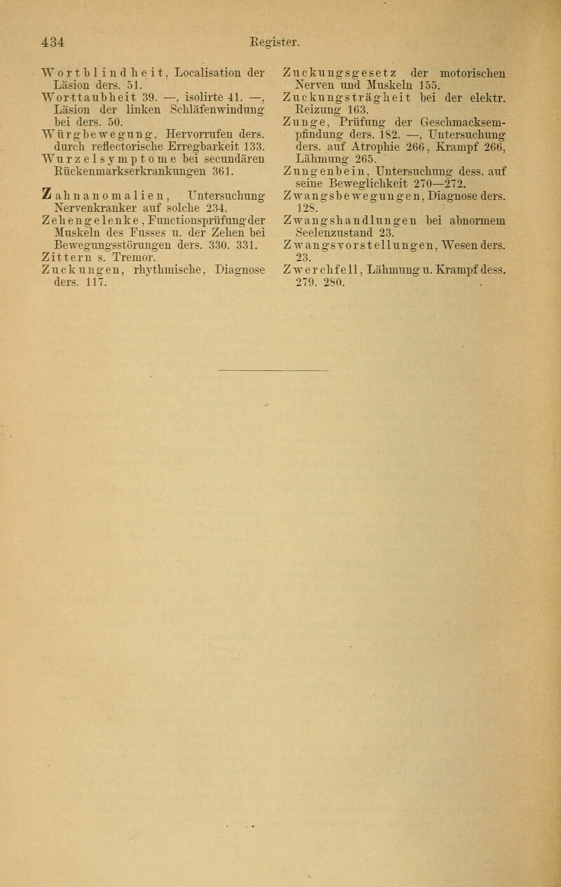 Wortblindheit. Legalisation der Läsion ders. 51. Worttaubheit 39. —. isolirte 41. —. Läsion der linken Sehläfenwindung bei ders. 50. TTürgbewegung. Hervorrufen ders. dureb reflectorisehe Erregbarkeit 133. ~\Yu r z e 1 s y m p t o in e bei seeundären Rückenmarkserkrankungen 361. Z ahnanomalien, Untersuchung Nervenkranker auf solcbe 234. Zehengelenke, Funetionsprüfung der Muskeln des Fusses u. der Zehen bei Bewegungsstörungen ders. 330. 331. Zittern s. Tremor. Zuckungen, rhythmische. Diagnose ders. 117. Zuckungsgesetz der motorischen Nerven und Muskeln 155. Zuckungsträgheit bei der elektr. Reizung 163. Zunge, Prüfung der Geschmacksem- pfindung ders. 1S2. —, Untersuchung ders. auf Atrophie 266, Krampf 266, Lähmung 265. Zungenbein, Untersuchung dess. auf seine Beweglichkeit 270—272. Zwangsbewegungen, Diagnose ders. 128. Zwangshandlungen bei abnormem Seelenzustand 23. Zwangsvorstellungen, Wesen ders. 23. Zwerchfell, Lähmung u. Krampf dess. 279. 2S0.