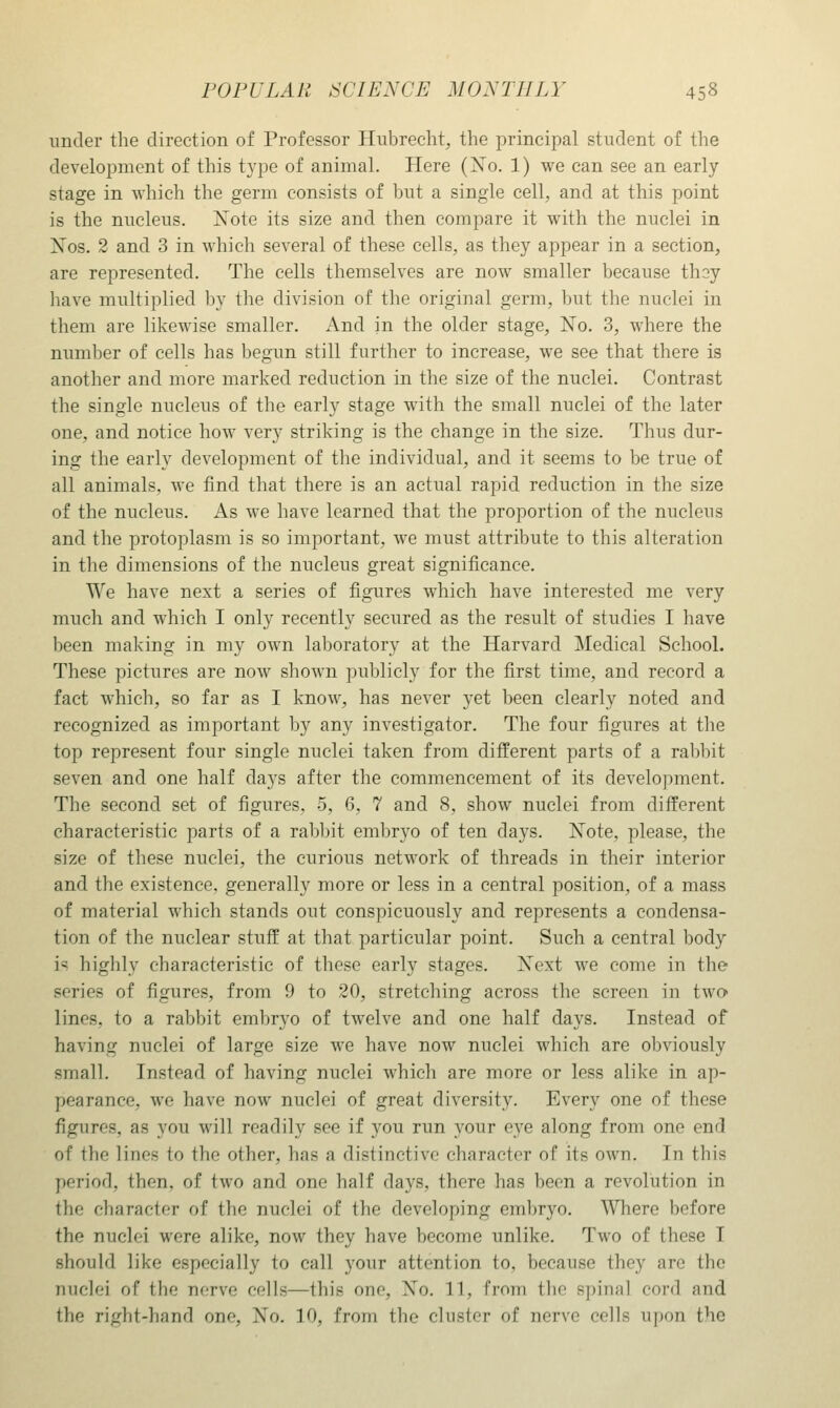 under the direction of Professor Hubrecht, the principal student of the development of this type of animal. Here (Xo. 1) we can see an early- stage in which the germ consists of but a single cell, and at this point is the nucleus. Xote its size and then compare it with the nuclei in Xos. 2 and 3 in which several of these cells, as they appear in a section, are represented. The cells themselves are now smaller because thoy have multiplied by the division of the original germ, but the nuclei in them are likewise smaller. And in the older stage, jSTo. 3, where the nimiber of cells has begun still further to increase, we see that there is another and more marked reduction in the size of the nuclei. Contrast the single nucleus of the early stage with the small nuclei of the later one, and notice how very striking is the change in the size. Thus dur- ing the early development of the individual, and it seems to be true of all animals, we find that there is an actual rapid reduction in the size of the nucleus. As we have learned that the proportion of the nucleus and the protoplasm is so important, we must attribute to this alteration in the dimensions of the nucleus great significance. We have next a series of figures which have interested me very much and which I only recently secured as the result of studies I have been making in my own laboratory at the Harvard Medical School. These pictures are now shown publicly for the first time, and record a fact which, so far as I know, has never yet been clearly noted and recognized as important by any investigator. The four figures at tlie top represent four single nuclei taken from different parts of a rabbit seven and one half days after the commencement of its development. The second set of figures, 5, 6, 7 and 8, show nuclei from different characteristic parts of a rabbit embryo of ten days. Note, please, the size of these nuclei, the curious network of threads in their interior and the existence, generally more or less in a central position, of a mass of material which stands out conspicuously and represents a condensa- tion of the nuclear stuff at that particular point. Such a central body is highly characteristic of these early stages. Xext we come in the series of figures, from 9 to 20, stretching across the screen in twO' lines, to a rabbit embryo of twelve and one half days. Instead of having nuclei of large size we have now nuclei which are obviously small. Instead of having nuclei which are more or less alike in ap- pearance, we have now nuclei of great diversity. Every one of these figures, as you will readily see if you run your eye along from one end of the lines to the other, has a distinctive character of its own. In this period, then, of two and one half days, there has been a revolution in the character of the nuclei of the developing embryo. Where before the nuclei were alike, now they have become unlike. Two of these I should like especially to call your attention to, because they are the nuclei of the nerve cells—this one, Xo. 11, from tl)C spinal cord and the right-hand one, No. 10, from the cluster of nerve cells upon the