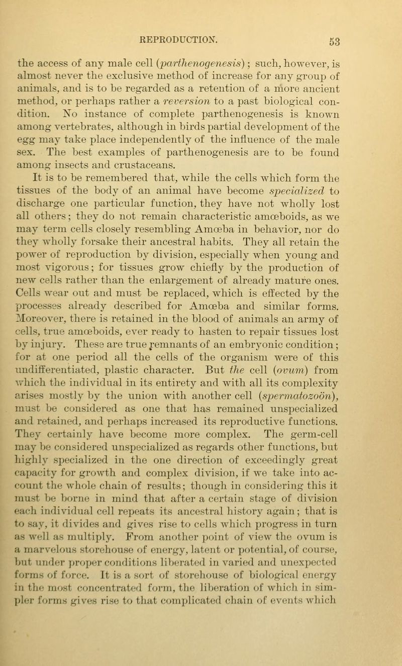 the access of any male cell {parthenogenesis); such, however, is almost never the exclusive method of increase for any group of animals, and is to be regarded as a retention of a more ancient method, or perhaps rather a reversion to a past biological con- dition. No instance of complete parthenogenesis is known among vertebrates, although in birds partial development of the egg may take place independently of the influence of the male sex. The best examples of parthenogenesis are to be found among insects and crustaceans. It is to be remembered that, while the cells which form the tissues of the body of an animal have become specialized to discharge one particular function, they have not wholly lost all others; they do not remain characteristic amoeboids, as we may term cells closely resembling Amoeba in behavior, nor do they wholly forsake their ancestral habits. They all retain the power of reproduction by division, especially when young and most vigorous; for tissues grow chiefly by the production of new cells rather than the enlargement of already mature ones. Cells wear out and must be replaced, which is effected by the processes already described for Amoeba and similar forms. Moreover, there is retained in the blood of animals an army of cells, true amoeboids, ever ready to hasten to repair tissues lost by injury. These are true remnants of an embryonic condition; for at one period all the cells of the organism were of this undifferentiated, plastic character. But the cell (ovum) from which the individual in its entirety and with all its complexity arises mostly by the union with another cell {spermatozoon), must be considered as one that has remained unspecialized and retained, and perhaps increased its reproductive functions. They certainly have become more complex. The germ-cell may be considered unspecialized as regards other functions, but highly .specialized in the one direction of exceedingly great capacity for growth and complex division, if we take into ac- count the whole chain of results; though in considering this it must be borne in mind that after a certain stage of division each individual cell repeats its ancestral history again; that is to .say, it divides and gives rise to cells which progress in turn as well as multiply. From another point of view the ovum is a marvelous storehouse of energy, latent or potential, of course, but under proper conditions liberated in varied and unexpe(;ted forms of force. It is a sort of storeliouse of biological energy in the most concentrated form, the liberation of which in sim- pler forms gives rise to that complicated chain of events which