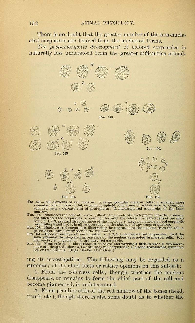 There is no doubt that the greater number of the non-nucle- ated corpuscles are derived from the nucleated forms. The post-embryonic development of colored corpuscles is naturally less understood from the greater difl&culties attend- ® ® m ® Fig. 148. Fig. 149. a 3 1 © ^ f©c^ Fig. 151. Fig. 152. Fig. 148.—Cell elements of red marrow, n, large granular marrow cells ; &, smaller, more vesicular cells ; c, free nuclei, or small lymphoid cells, some of which may be even sur- rounded with a delicate rim of protoplasm; d, nucleated red corpuscles of the bone marrow. Fig. 149.—Nucleated red cells of marrow, iOustrating mode of development into the ordinary non-nucleated red corpuscles, a, common forms of the colored nucleated cells of red mar- row ; 6, 1,2,3, gradual disappearance of the nucleus ; c, large non-nucleated red corpuscle resembling 2 and 3 of b, in all respects save in the absence of any trace of nucleus. Fig. 150.—Nucleated red corpuscles, illustrating the migration of the nucleus from the cell, a process not unfrequently seen in the red marrow. Fig. 151.—Blood of embryo of four months, a, 1, 2, 3, 4, nucleated red corpuscles. In 4 the same granular disintegrated appearance of the nucleus as is noted in marrow cells, b, 1, microcyte ; 2, megalocyte ; 3, ordinary red corpuscle. Fig. 152.—From spleen. 1, blood-plaques, colorless and varying a little in size ; 2, two micro- cytes of a deep-red color ; 3, two ordinary red corpuscles ; 4, a solid, translucent, lymphoid cell or free nucleus. (Figs. 148-152, after Osier.) ing its investigation. The following may be regarded as a summary of the chief facts or rather opinions on this subject: 1. From the colorless cells; though, whether the nucleus disappears, or remains to form the chief part of the cell and become pigmented, is undetermined. 2. From peculiar cells of the red marrow of the bones (head, trunk, etc.), though there is also some doubt as to whether the