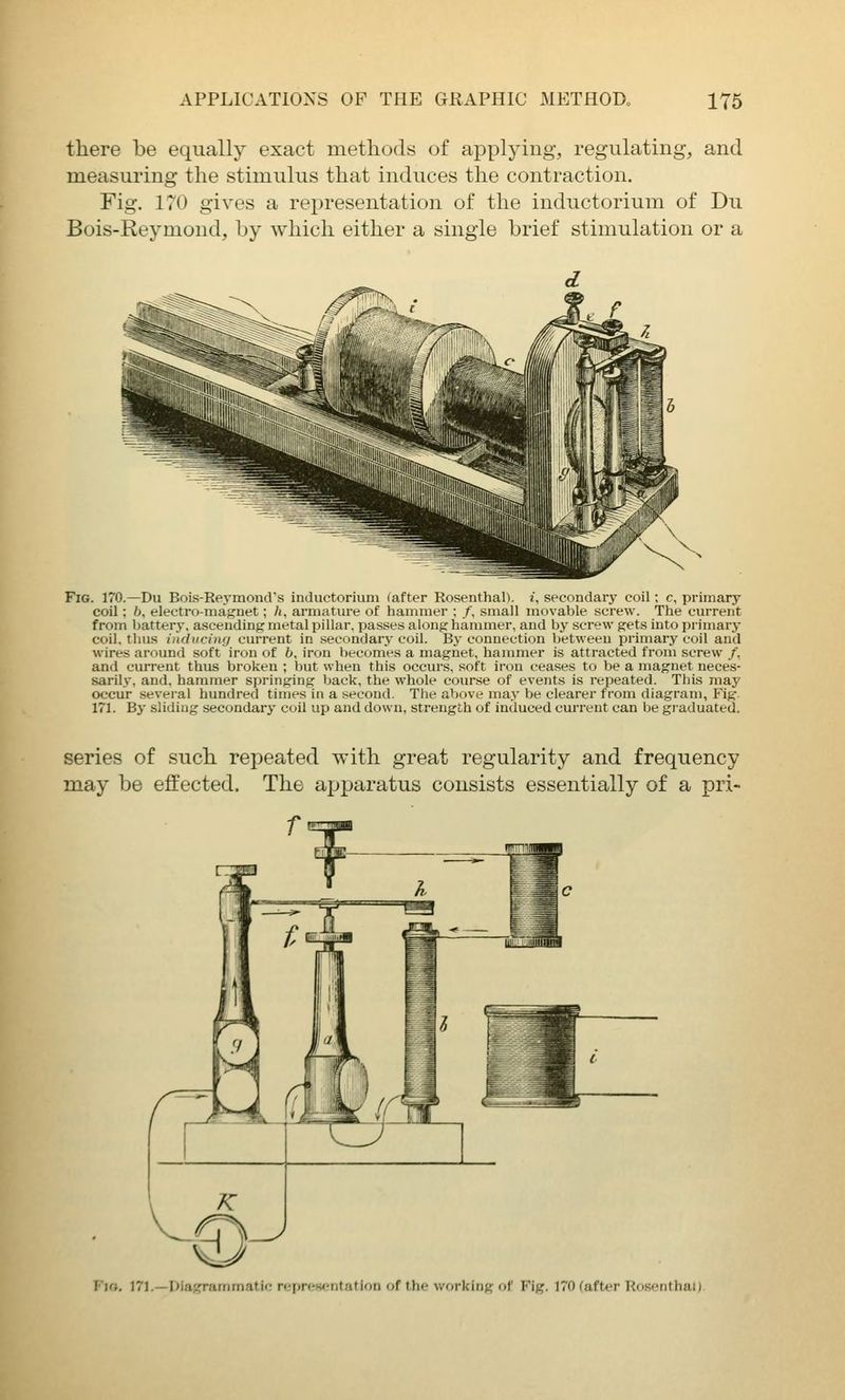 and tliere be equally exact methods of applying, regulatin measuring the stimulus that induces the contraction. Fig. 170 gives a representation of the inductorium of Du Bois-Reymond, by which either a single brief stimulation or a Fig. 170.—Du Bois-Reymond's inductorium (after Rosenthal), i, secondary coil ; c, primary coil; b, electro-magnet; h, armature of hammer ; /, small movable screw. The current from battery, ascending metal pillar, passes along hammer, and by screw gets into primary coil, thus inducing current in secondary coil. By connection between primary coil and wires around soft iron of 6, iron Itecomes a magnet, hammer is attracted from screw /, and current thus broken ; but when this occurs, soft iron ceases to be a magnet neces- sarily, and, hammer springing back, the whole course of events is repeated. This may occur several hundred times in a second. The above may be clearer from diagram, Fig. 171. By sliding secondary coil up and down, strength of induced current can be giaduated. series of such repeated with great regularity and frequency may be effected. The apjjaratus consists essentially of a pr.i- I'Ui. )71.—diagrammatic representation of the u'orking of Fig. 170 (after Rosenthal)