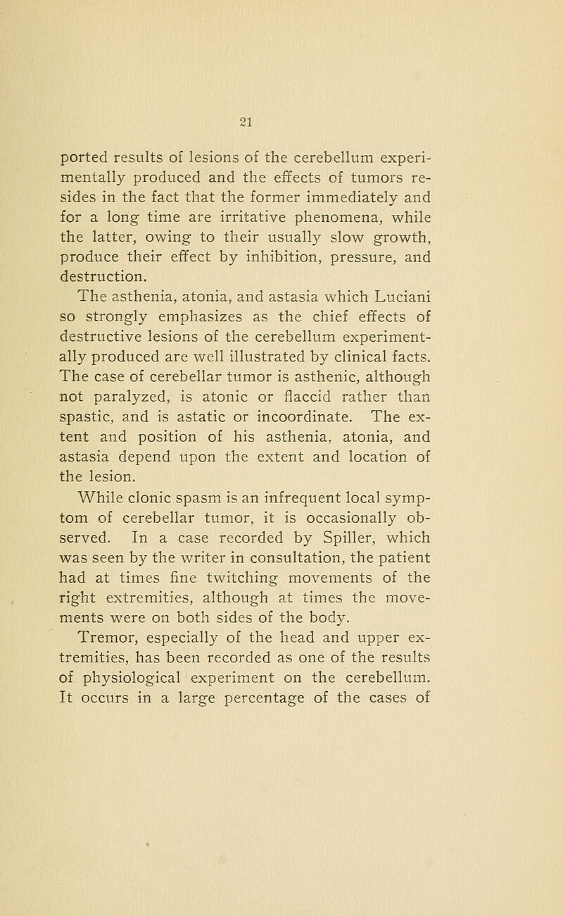 ported results of lesions of the cerebellum experi- mentally produced and the effects of tumors re- sides in the fact that the former immediately and for a long time are irritative phenomena, while the latter, owing to their usually slow growth, produce their effect by inhibition, pressure, and destruction. The asthenia, atonia, and astasia which Luciani so strongly emphasizes as the chief effects of destructive lesions of the cerebellum experiment- ally produced are well illustrated by clinical facts. The case of cerebellar tumor is asthenic, although not paralyzed, is atonic or flaccid rather than spastic, and is astatic or incoordinate. The ex- tent and position of his asthenia, atonia, and astasia depend upon the extent and location of the lesion. While clonic spasm is an infrequent local symp- tom of cerebellar tumor, it is occasionally ob- served. In a case recorded by Spiller, which was seen by the writer in consultation, the patient had at times fine twitching movements of the right extremities, although at times the move- ments were on both sides of the body. Tremor, especially of the head and upper ex- tremities, has been recorded as one of the results of physiological experiment on the cerebellum. It occurs in a large percentage of the cases of