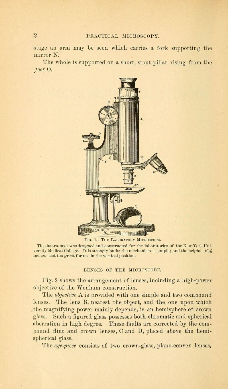 stage an arm may be seen which carries a fork supporting the mirror N. The whole is supported on a short, stout pillar rising from the foot 0. Fig. 1.—The Laboratory Microscope. This instrument was designed and constructed for the laboratories of the New York Uni- versity Medical College. It is strongly built; the mechanism is simple; and the height—10^j inches—not too great for use in the vertical position. LENSES OF THE MICROSCOPE. Fig. 2 shows the arrangement of lenses, including a high-power objective of the Wenham construction. The objective A is provided with one simple and two compound lenses. The lens B, nearest the object, and the one upon which .the magnifying power mainly depends, is an hemisphere of crown glass. Such a figured glass possesses both chromatic and spherical aberration in high degree. These faults are corrected by the com- pound flint and crown lenses, C and D, placed above the hemi- spherical glass. The eye-piece consists of two crown-glass, plano-convex lenses,
