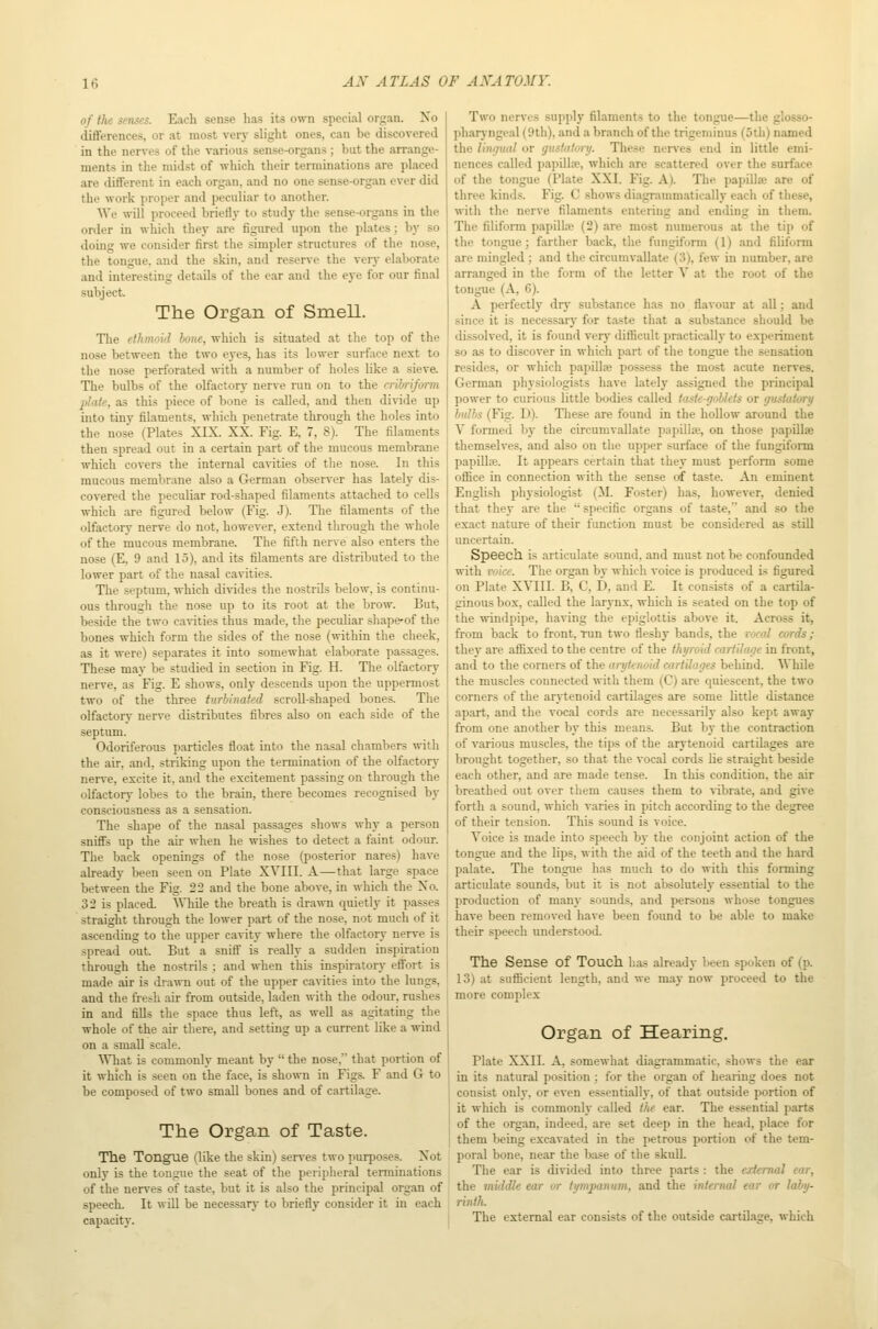 of the senses. Each sense has its own special organ. Xo diflferences, or at most very slight ones, can be discovered in the nerves of the various sense-organs ; but the arrange- ments in the midst of which their terminations are placed are different in each organ, and no one sense-organ ever did the work proper and peculiar to another. We will proceed briefly to study the sense-organs in the order in which they are figured upon the plates; by so doing we consider first the simpler structures of the nose, the tongue, and the skin, and reserve the very elaborate and interesting details of the ear and the eye for our final subject. The Organ of Smell. The ethmoid bone, which is situated at the top of the nose between the two eyes, has its lower surface next to the nose perforated with a number of holes like a sieve. The bulbs of the olfactory nerve run on to the cribriform plate, as this piece of bone is called, and then divide up into tiny filaments, which penetrate through the holes into the nose (Plates XIX. XX. Fig. E, 7, 8). The filaments then spread out in a certain part of the mucous membrane which covers the internal cavities of the nose. In this mucous membrane also a German observer has lately dis- covered the peculiar rod-shaped filaments attached to cells which are figured below (Fig. J). The filaments of the olfactory nerve do not, however, extend through the whole of the mucous membrane. The fifth nerve also enters the nose (E, 9 and 15), and its filaments are distributed to the lower part of the nasal cavities. The septum, which divides the nostrils below, is continu- ous through the nose up to its root at the brow. But, beside the two cavities thus made, the peculiar shape-of the bones which form the sides of the nose (within the cheek, as it were) separates it into somewhat elaborate passages. These may be studied in section in Fig. H. The olfactory nerve, as Fig. E shows, only descends upon the uppermost two of the three turbinated scroU-shaped bones. The olfactory nerve distributes fibres also on each side of the septum. Odoriferous particles float into the nasal chambers with the air, and, striking upon the termination of the olfactory nerve, excite it, and the excitement passing on through the olfactory lobes to the brain, there becomes recognised by consciousness as a sensation. The shape of the nasal passages shows why a person sniffs up the air when he wishes to detect a faint odour. The back openings of the nose (posterior nares) have already been seen on Plate XYIII. A—that large space between the Fig. 22 and the bone above, in which the Xo. 32 is placed. ^^^liIe the breath is drawn quietly it passes straight through the lower part of the nose, not much of it ascending to the upper cavity where the olfactory nerve is spread out. But a snift is really a sudden inspiration through the nostrils ; and when this inspiratory eff'ort is made air is drawn out of the upper cavities into the lungs, and the fre.sh air from outside, laden with the odour, rushes in and fills the space thus left, as well as agitating the whole of the air there, and setting up a current like a wind on a small scale. What is commonly meant by the nose, that portion of it which is seen on the face, is shown in Figs. F and G to be composed of two small bones and of cartilage. The Organ of Taste. The Tongue (like the skin) serves two jiurposes. Xot only is the tongue the seat of the jjeripheral terminations of the nerves of taste, but it is also the principal organ of speech. It will be necessary to briefly consider it in each capacity. Two nerves supply filaments to the tongue—the glosso- pharyngeal (9th), and a branch of the trigeminus (5tb) named the limjual or gushitvry. These nerves end in little emi- nences called papillre, which are scattered over the surface of the tongue (Plate XXI. Fig. A). The papilla are of three kinds. Fig. C shows diagrammatically each of these, with the nerve filaments entering and ending in them. The filiform papilla; (2) are most numerous at the tip of the tongue; farther back, the fungiform (1) and filiform are mingled ; and the circumvallate (3), few in number, are arranged in the form of the letter V at the root of the tongue (A, 6). A perfectly dry substance has no flavour at all; and since it is necessarj' for taste that a substance should be dissolved, it is found very diflicult practically to experiment so as to discover in which part of the tongue the sensation resides, or which papill* possess the most acute nerves. German physiologists have latel)' assigned the principal power to curious little bodies called tastc-gMcis or gustatory bidbs (Fig. D). These are found in the hollow around the V formed bj- the circumvallate papillte, on those papillae themselves, and also on the upper surface of the fungiform papillae. It appears certain that they must perform some office in connection with the sense of taste. An eminent English physiologist (M. Foster) has, however, denied that they are the specific organs of taste, and so the exact nature of their function must be considered as still uncertain. Speech, is articulate sound, and must not be confounded with ivice. The organ by which voice is produced is figured on Plate XYIII. B, C, D, and E. It consists of a cartila- ginous box, called the larynx, which is seated on the top of the windpipe, having the epiglottis above it. Across it, from back to front, Tun two fleshy bands, the rond cords ; they are afiLxed to the centre of the thyroid cartUage in front, and to the corners of the aryitnoid cartdages behind. While the muscles connected with them (C) are quiescent, the two corners of the arytenoid cartilages are some little distance apart, and the vocal cords are necessarily also kept away from one another by this means. But by the contraction of various muscles, the tips of the arytenoid cartilages are brought together, so that the vocal cords lie straight beside each other, and are made tense. In this condition, the air breathed out over them causes them to vibrate, and give forth a sound, which varies in pitch according to the degree of their tension. This sound is voice. Voice is made into speech by the conjoint action of the tongue and the lips, with the aid of the teeth and the hard palate. The tongue has much to do with this forming articulate sounds, but it is not absolutely essential to the production of many sounds, and persons whose tongues have been removed have been found to be able to make their speech understood. The Sense of Touch has already been spoken of (p. 13) at sufficient length, and we may now proceed to the more complex Organ of Hearing. Plate XXII. A, somewhat diagrammatic, shows the ear in its natural position; for the organ of hearing does not consist only, or even essentially, of that outside portion of it which is commonh called the ear. The essential parts of the organ, indeed, are set deep in the head, place for them being excavated in the petrous portion of the tem- poral bone, near the base of the skull. The ear is divided into three parts : the external ear, the middle ear or tympanum, and the internal ear or laby- rinth. The external ear consists of the outside cartilase, which