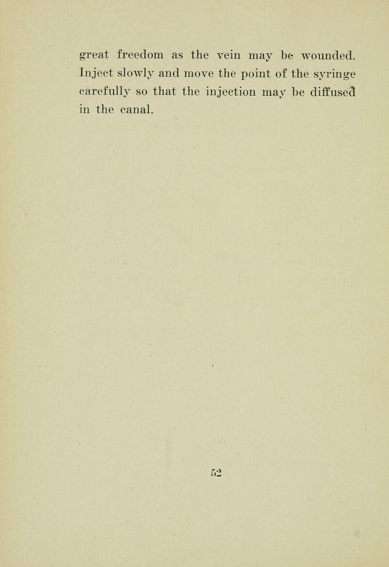 great freedom as the vein may be wounded. Inject slowly and move the point of the sj^nnge carefull.y so that the injection may be diffused in the canal.
