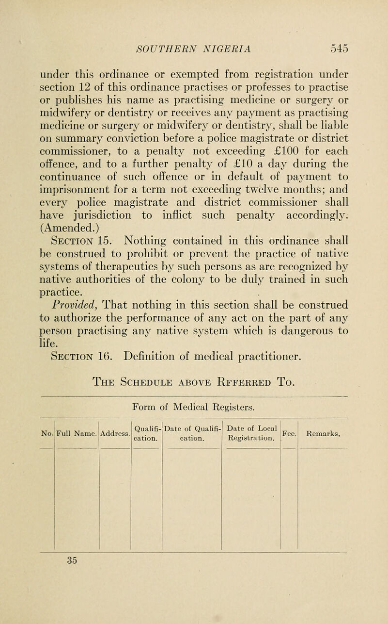 under this ordinance or exempted from registration under section 12 of this ordinance practises or professes to practise or pubHshes his name as practising medicine or surgery or midwifery or dentistry or receives any payment as practising medicine or surgery or midwifery or dentistry, shall be liable on summary conviction before a police magistrate or district commissioner, to a penalty not exceeding £100 for each offence, and to a further penalty of £10 a day during the continuance of such offence or in default of payment to imprisonment for a term not exceeding twelve months; and every police magistrate and district commissioner shall have jurisdiction to inflict such penalty accordingly. (Amended.) Section 15. Nothing contained in this ordinance shall be construed to prohibit or prevent the practice of native systems of therapeutics by such persons as are recognized by native authorities of the colony to be duly trained in such practice. Provided, That nothing in this section shall be construed to authorize the performance of any act on the part of any person practising any native s^^stem which is dangerous to life. Section 16. Definition of medical practitioner. The Schedule above Referred To, Form of Medical Registers. No. Full Name.!Address. Qualifi- Date of Qualifi- cation, cation. Date of Local Registration. Fee. Remarks. 35