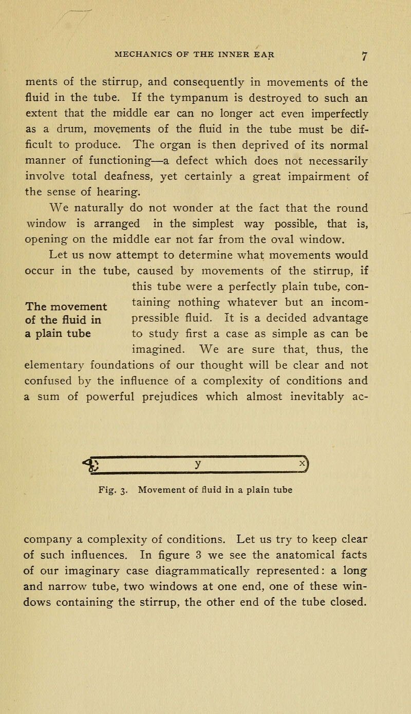 ments of the stirrup, and consequently in movements of the fluid in the tube. If the tympanum is destroyed to such an extent that the middle ear can no longer act even imperfectly as a drum, movements of the fluid in the tube must be dif- ficult to produce. The organ is then deprived of its normal manner of functioning—a defect which does not necessarily involve total deafness, yet certainly a great impairment of the sense of hearing. We naturally do not wonder at the fact that the round window is arranged in the simplest way possible, that is, opening on the middle ear not far from the oval window. Let us now attempt to determine what movements would occur in the tube, caused by movements of the stirrup, if this tube were a perfectly plain tube, con- The movement taining nothing whatever but an incom- of the fluid in pressible fluid. It is a decided advantage a plain tube to study first a case as simple as can be imagined. We are sure that, thus, the elementary foundations of our thought will be clear and not confused by the influence of a complexity of conditions and a sum of powerful prejudices which almost inevitably ac- Fig. 3. Movement of fluid in a plain tube company a complexity of conditions. Let us try to keep clear of such influences. In figure 3 we see the anatomical facts of our imaginary case diagrammatically represented: a long and narrow tube, two windows at one end, one of these win- dows containing the stirrup, the other end of the tube closed.
