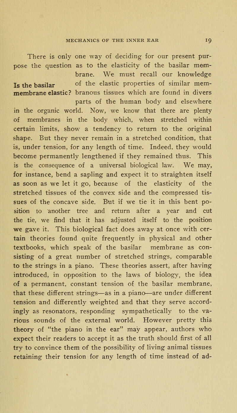 There is only one way of deciding for our present pur- pose the question as to the elasticity of the basilar m&m- brane. We must recall our knowledge Is the basilar ^^ ^^^ elastic properties of similar mem- membrane elastic? branous tissues which are found in divers parts of the human body and elsewhere in the organic world. Now, we know that there are plenty of membranes in the body which, when stretched within certain limits, show a tendency to return to the original shape. But they never remain in a stretched condition, that is, under tension, for any length of time. Indeed, they would become permanently lengthened if they remained thus. This is the consequence of a universal biological law. We may, for instance, bend a sapling and expect it to straighten itself as soon as we let it go, because of the elasticity of the stretched tissues of the convex side and the compressed tis- sues of the concave side. Btit if we tie it in this bent po- sition to another tree and return after a year and cut the tie, we find that it has adjusted itself to the position we gave it. This biological fact does away at once with cer- tain theories found quite frequently in physical and other textbooks, which speak of the basilar membrane as con- sisting of a great number of stretched strings, comparable to the strings in a piano. These theories assert, after having introduced, in opposition to the laws of biolog>% the idea of a permanent, constant tension of the basilar membrane, that these different strings—as in a piano—are under different tension and differently weighted and that they serve accord- ingly as resonators, responding sympathetically to the va- rious sounds of the external world. However pretty this theory of the piano in the ear may appear, authors who expect their readers to accept it as the truth should first of all try to convince them of the possibility of living animal tissues retaining their tension for any length of time instead of ad-