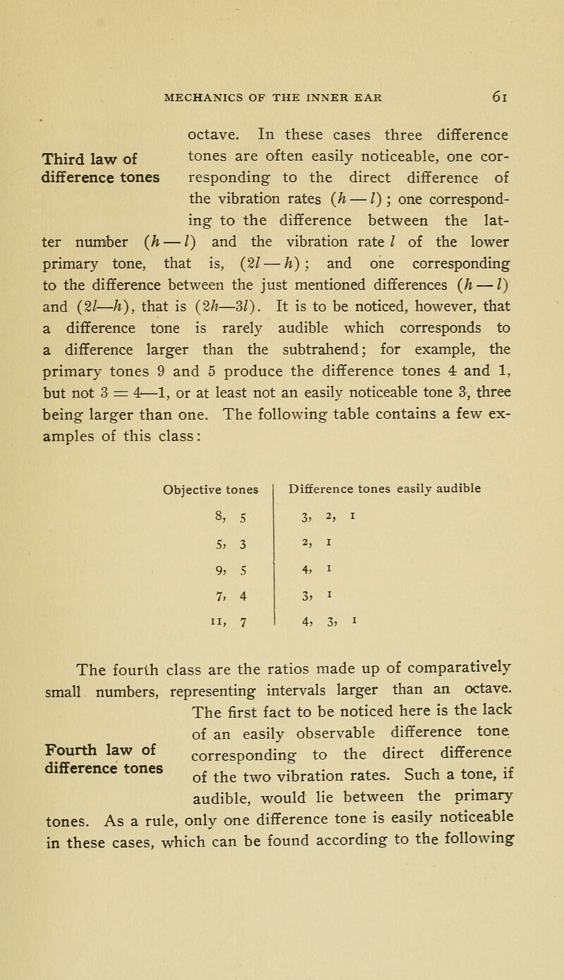 Third law of difference tones octave. In these cases three difference tones are often easily noticeable, one cor- responding to the direct difference of the vibration rates {h — /); one correspond- ing to the difference between the lat- ter number (h — /) and the vibration rate/ of the lower primary tone, that is, (2/ — h); and one corresponding to the difference between the just mentioned differences {h — Z) and (2/—h), that is (2/z—3/). It is to be noticed, however, that a difference tone is rarely audible which corresponds to a difference larger than the subtrahend; for example, the primary tones 9 and 5 produce the difference tones 4 and 1, but not 3 = 4—1, or at least not an easily noticeable tone 3, three being larger than one. The following table contains a few ex- amples of this class: Objective tones Difference tones easily audible 8, 5 2>, 2, I 5, 3 3, I 9, 5 4, I 1, 4 3, I II, 7 4, 3, I The fourth class are the ratios made up of comparatively small numbers, representing intervals larger than an octave. The first fact to be noticed here is the lack of an easily observable difference tone corresponding to the direct difference of the two vibration rates. Such a tone, if audible, would lie between the primary tones. As a rule, only one difference tone is easily noticeable in these cases, which can be found according to the following Fourth law of difference tones