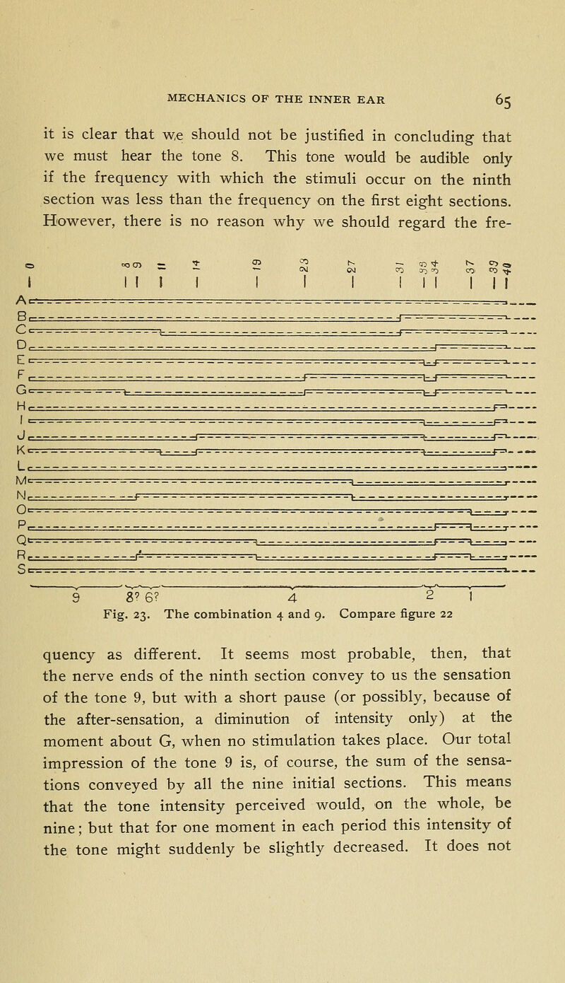 it is clear that w,e should not be justified in concluding that we must hear the tone 8. This tone would be audible only if the frequency with which the stimuli occur on the ninth section was less than the frequency on the first eight sections. However, there is no reason why we should regard the fre- quency as different. It seems most probable, then, that the nerve ends of the ninth section convey to us the sensation of the tone 9, but with a short pause (or possibly, because of the after-sensation, a diminution of intensity only) at the moment about G, when no stimulation takes place. Our total impression of the tone 9 is, of course, the sum of the sensa- tions conveyed by all the nine initial sections. This means that the tone intensity perceived would, on the whole, be nine; but that for one moment in each period this intensity of the tone might suddenly be slightly decreased. It does not