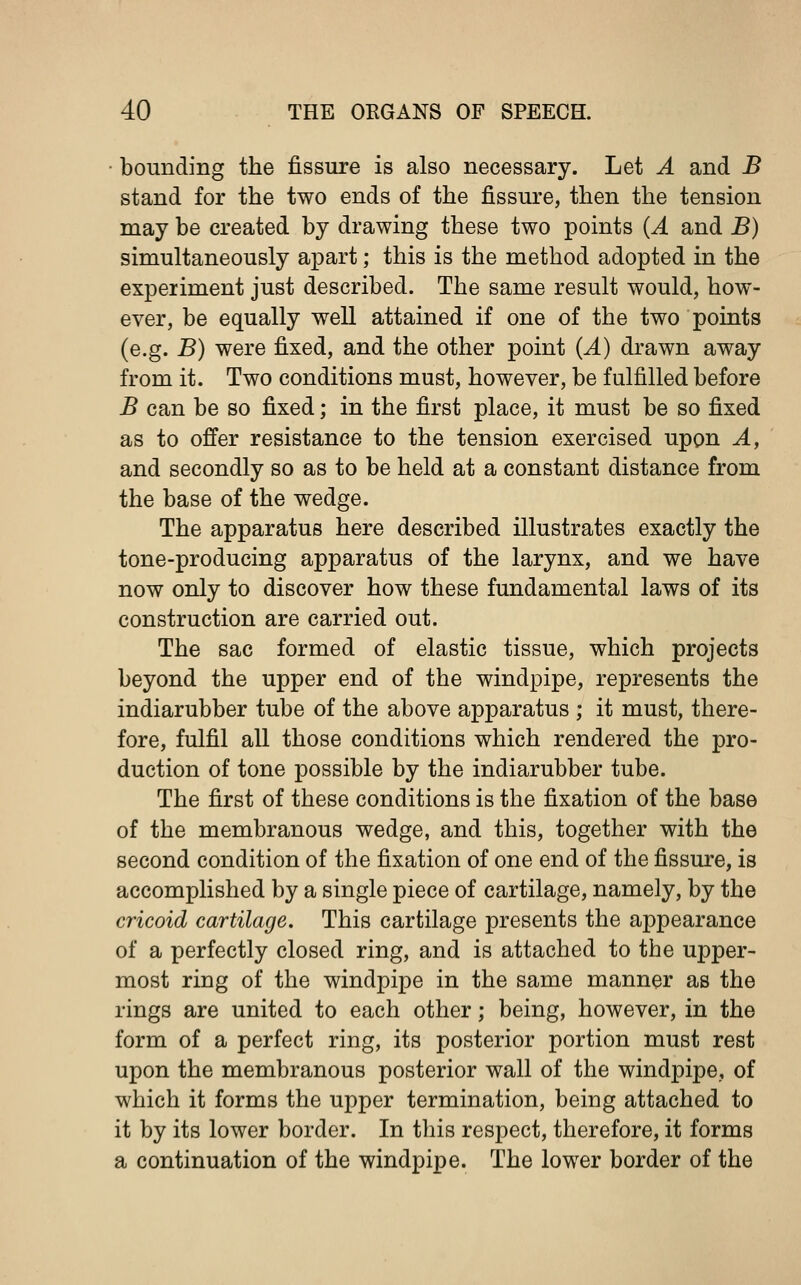• bounding the fissure is also necessary. Let A and B stand for the two ends of the fissure, then the tension may be created by drawing these two points {A and B) simultaneously apart; this is the method adopted in the expeiiment just described. The same result would, how- ever, be equally well attained if one of the two points (e.g. B) were fixed, and the other point (A) drawn away from it. Two conditions must, however, be fulfilled before B can be so fixed; in the first place, it must be so fixed as to offer resistance to the tension exercised upon A, and secondly so as to be held at a constant distance from the base of the wedge. The apparatus here described illustrates exactly the tone-producing apparatus of the larynx, and we have now only to discover how these fundamental laws of its construction are carried out. The sac formed of elastic tissue, which projects beyond the upper end of the windpipe, represents the indiarubber tube of the above apparatus ; it must, there- fore, fulfil all those conditions which rendered the pro- duction of tone possible by the indiarubber tube. The first of these conditions is the fixation of the base of the membranous wedge, and this, together with the second condition of the fixation of one end of the fissure, is accomplished by a single piece of cartilage, namely, by the cricoid cartilage. This cartilage presents the appearance of a perfectly closed ring, and is attached to the upper- most ring of the windpipe in the same manner as the rings are united to each other; being, however, in the form of a perfect ring, its posterior portion must rest upon the membranous posterior wall of the windpipe, of which it forms the upper termination, being attached to it by its lower border. In this respect, therefore, it forms a continuation of the windpipe. The lower border of the