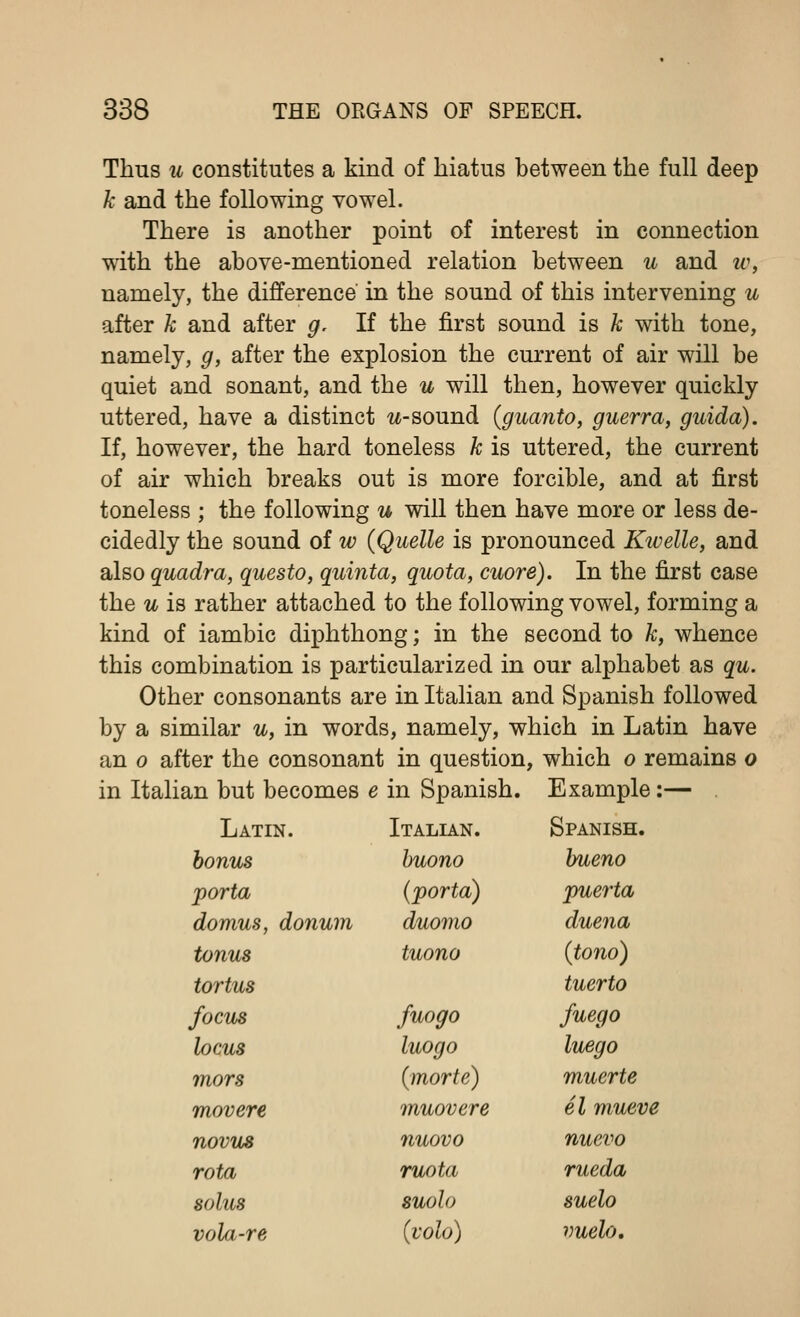 Thus u constitutes a kind of hiatus between the full deep k and the following vowel. There is another point of interest in connection with the above-mentioned relation between u and w, namely, the difference in the sound of this intervening u after k and after g. If the first sound is k with tone, namely, g, after the explosion the current of air will be quiet and sonant, and the u will then, however quickly uttered, have a distinct u-sound (guanto, guerra, guida). If, however, the hard toneless k is uttered, the current of air which breaks out is more forcible, and at first toneless ; the following u will then have more or less de- cidedly the sound of w {Quelle is pronounced Kwelle, and also quadra, questo, quinta, quota, cuore). In the first case the u is rather attached to the following vowel, forming a kind of iambic diphthong; in the second to k, whence this combination is particularized in our alphabet as qu. Other consonants are in Italian and Spanish followed by a similar u, in words, namely, which in Latin have an o after the consonant in question, which o remains o in Italian but becomes e in Spanish. Example:— . Latin. Italian. Spanish. bonus buono bueno porta (porta) puerta domus, donum duomo duena tonus tuono (tono) tortus tuerto focus fuogo fuego locus luogo luego mors (morte) muerte movere muovere el mueve novus nuovo nuevo rota ruota rueda solus suolo suelo vola-re (volo) vuelo.