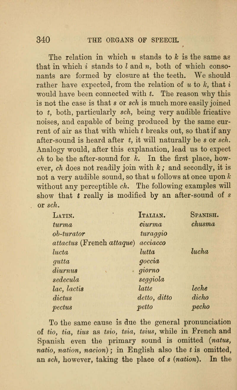 The relation in which u stands to k is the same as that in which i stands to I and n, both of which conso- nants are formed by closure at the teeth. We should rather have expected, from the relation of u to k, that i would have been connected with t. The reason why this is not the case is that s or sch is much more easily joined to t, both, particularly sch, being very audible fricative noises, and capable of being produced by the same cur- rent of air as that with which t breaks out, so that if any after-sound is heard after t, it will naturally be s or sch. Analogy would, after this explanation, lead us to expect ch to be the after-sound for k. In the first place, how- ever, ch does not readily join with k; and secondly, it is not a very audible sound, so that u follows at once upon k without any perceptible ch. The following examples will show that t really is modified by an after-sound of s or sch. Latin. Italian. Spanish. turma ciurma chusma ob-turator turaggio attactus (French attaque) acciacco lucta lutta lucha gutta goccia diurnus giorno sedecula seggiola lac, lactis latte leche dictus detto, ditto dicho pectus petto pecho To the same cause is due the general pronunciation of tio, tia, tins as tsio, tsia, tsius, while in French and Spanish even the primary sound is omitted (natus, natio, nation, nacion); in English also the t is omitted, an sch, however, taking the place of s (nation). In the