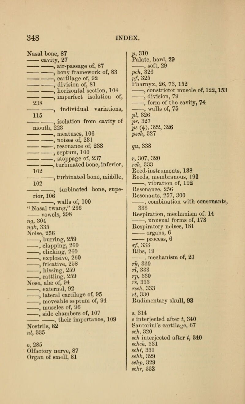 Nasal bone, 87 cavity, 27 , air-passage of, 87 , bony framework of, 83 , cartilage of, 92 , division of, 81 , horizontal section, 104 -, imperfect isolation of, individual variations, 238 115 , isolation from cavity of mouth, 223 , meatuses, 106 , noises of, 231 , resonance of, 233 , septum, 100 , stoppage of, 237 , turbinated bone, inferior, -, turbinated bone, middle, turbinated bone, supe- 102 102 rior, 106 , walls of, 100  Nasal twang, 236 vowels, 298 ng, 304 nylc, 335 Noise, 256 , burring, 259 , clapping, 260 , clicking, 260 , explosive, 260 , fricative, 258 —, hissing, 259 -, rattling, 259 Nose, alse of, 94 , external, 92 , lateral cartilage of, 95 , moveable septum of, 94 , muscles of, 96 , side chambers of, 107 , their importance, 109 Nostrils, 82 nt, 335 o,285 Olfactory nerve, 87 Organ of smell, 81 p, 310 Palate, hard, 29 , soft, 29 pch, 326 pf, 325 Pharnyx, 26, 73, 152 , constrictor muscle of, 122,153 , division, 79 , form of the cavity, 74: , walls of, 75 pi, 326 pr, 327 ps Of,), 322, 326 psch, 327 qu, 338 r, 307, 320 rch, 333 Keed-instruments, 138 Reeds, membranous, 191 , vibration of, 192 Resonance, 256 Resonants, 257, 300 , combination with consonants, 333 Respiration, mechanism of, 14 , unusual forms of, 173 Respiratory noises, 181 organs, 6 process, 6 rf, 333 Ribs, 19 . mechanism of, 21 rk, 330 rl, 333 rp, 330 r«, 333 rsch, 333 rt, 330 Rudimentary skull, 93 a, 314 8 interjected after t, 340 Santorini's cartilage, 67 sell, 320 tsch interjected after t, 340 hcUK 331 schf, 331 schlc, 329 schp, 329 8ckr, 332