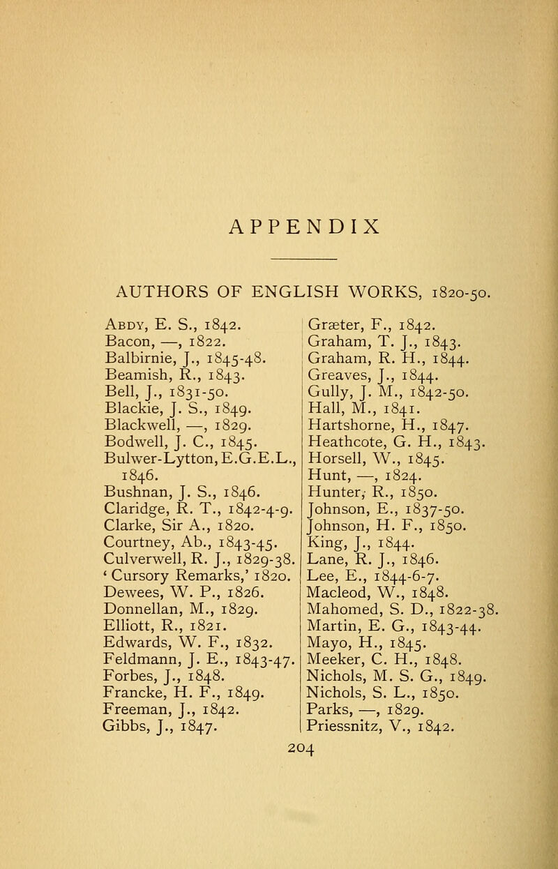 APPENDIX AUTHORS OF ENGLISH WORKS, 1820-50. Abdy, E. S., 1842. Bacon, —, 1822. Balbirnie, J., 1845-48. Beamish, R., 1843. Bell, J., 1831-50. Blackie, J. S., 1849. Blackwell, —, 1829. Bodwell, J. C, 1845. Bulwer-Lytton, E.G.E.L., 1846. Bushnan, J. S., 1846. Claridge, R. T., 1842-4-9. Clarke, Sir A., 1820. Courtney, Ab., 1843-45. Culverwell, R. J., 1829-38. ' Cursory Remarks,' 1820. Dewees, W. P., 1826. Donnellan, M., 1829. Elliott, R., 1821. Edwards, W. F., 1832. Feldmann, J. E., 1843-47. Forbes, J., 1848. Francke, H. F., 1849. Freeman, J., 1842. Gibbs, J., 1847. Graeter, F., 1842. Graham, T. J., 1843. Graham, R. H., 1844. Greaves, J., 1844. Gully, J. M., 1842-50. Hall, M., 1841. Hartshorne, H., 1847. Heathcote, G. H., 1843. Horsell, W., 1845. Hunt, —, 1824. Hunter,- R., 1850. Johnson, E., 1837-50. Johnson, H. F., 1850. King, J., 1844. Lane, R. J., 1846. Lee, E., 1844-6-7. Macleod, W., 1848. Mahomed, S. D., 1822-38. Martin, E. G., 1843-44. Mayo, H., 1845. Meeker, C. H., 1848. Nichols, M. S. G., 1849. Nichols, S. L., 1850. Parks, —, 1829. Priessnitz, V., 1842.