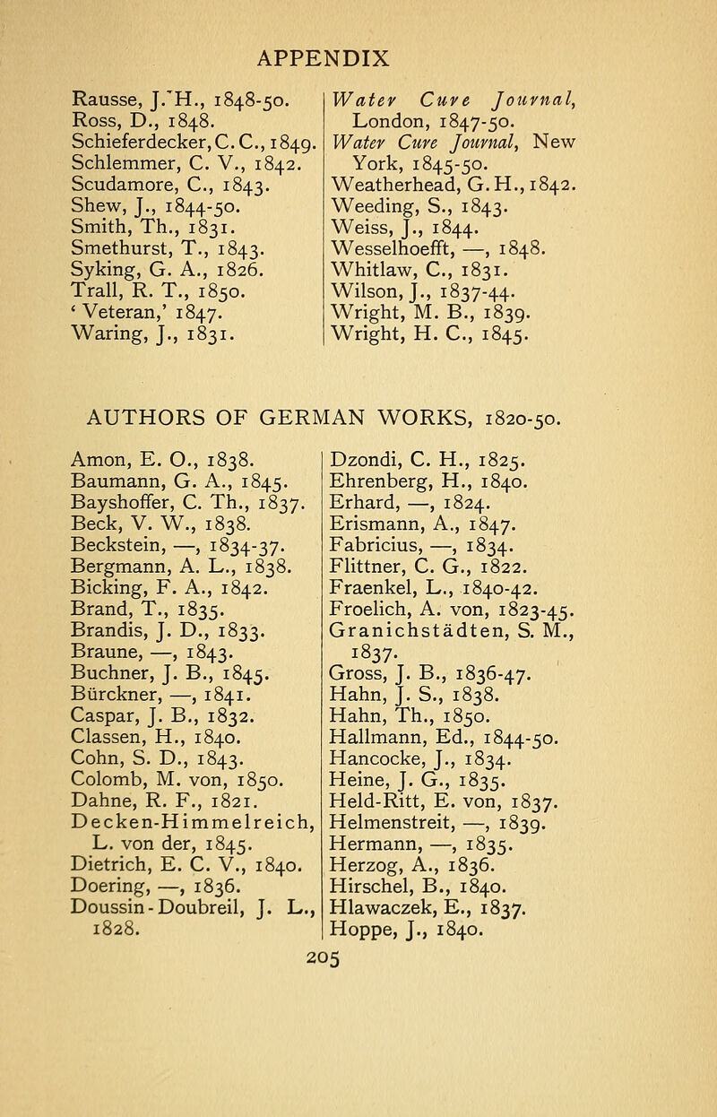 Rausse, J.'H., 1848-50. Ross, D., 1848. Schieferdecker,C.C, 1849. Schlemmer, C. V., 1842. Scudamore, C, 1843. Shew, J., 1844-50. Smith, Th., 1831. Smethurst, T., 1843. Syking, G. A., 1826. Trail, R. T., 1850. ' Veteran,' 1847. Waring, J., 1831. Water Cure Journal, London, 1847-50. Water Cure Journal, New York, 1845-50. Weatherhead, G.H., 1842. Weeding, S., 1843. Weiss, J., 1844. Wesselhoefft, —, 1848. Whitlaw, C, 1831. Wilson, J., 1837-44. Wright, M. B., 1839. Wright, H. C, 1845. AUTHORS OF GERMAN WORKS, 1820-50. Amon, E. O., 1838. Baumann, G. A., 1845. Bayshoffer, C. Th., 1837. Beck, V. W., 1838. Beckstein, —, 1834-37. Bergmann, A. L., 1838. Bicking, F. A., 1842. Brand, T., 1835. Brandis, J. D., 1833. Braune, —, 1843. Buchner, J. B., 1845. Biirckner, —, 1841. Caspar, J. B., 1832. Classen, H., 1840. Cohn, S. D., 1843. Colomb, M. von, 1850. Dahne, R. F., 1821. Decken-Himmelreich, L. von der, 1845. Dietrich, E. C. V., 1840. Doering, —, 1836. Doussin - Doubreil, J. L., I»2* Dzondi, C. H., 1825. Ehrenberg, H., 1840. Erhard, —, 1824. Erismann, A., 1847. Fabricius, —, 1834. Flittner, C. G., 1822. Fraenkel, L., 1840-42. Froelich, A. von, 1823-45. Granichstadten, S. M., i837. Gross, J. B., 1836-47. Hahn, J. S., 1838. Hahn, Th., 1850. Hallmann, Ed., 1844-50. Hancocke, J., 1834. Heine, J. G., 1835. Held-Ritt, E. von, 1837. Helmenstreit, —, 1839. Hermann, —, 1835. Herzog, A., 1836. Hirschel, B., 1840. Hlawaczek, E., 1837. Hoppe, J., 1840.