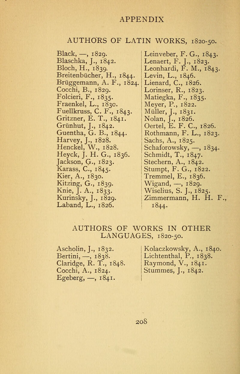 AUTHORS OF LATIN WORKS, 1820-50. Black, —, 1829. Blaschka, J., 1842. Bloch, H., 1839. Breitenbiicher, H., 1844. Briiggemann, A. F., 1824. Cocchi, B., 1829. Folcieri, F., 1835. Fraenkel, L., 1830. Fuellkruss, C. F., 1843. Gritzner, E. T., 1841. Grunhut, J., 1842. Guentha, G. B., 1844. Harvey, J., 1828. Henckel, W., 1828. Heyck, J. H. G., 1836. Jackson, G., 1823. Karass, C, 1845. Kier, A., 1830. Kitzing, G., 1839. Knie, J. A., 1833. Kurinsky, J., 1829. Laband, L., 1826. Leinveber, F. G., 1843. Lenaert, F. J., 1823. Leonhardi, F. M., 1843. Levin, L., 1846. Lienard, C., 1826. Lorinser, R., 1823. Matiegka, F., 1835. Meyer, P., 1822. Muller, J., 1831. Nolan, J., 1826. Oertel, E. F. C, 1826. Rothmann, F. L., 1823. Sachs, A., 1825. Schaforowsky, —, 1834. Schmidt, T., 1847. Stechern, A., 1842. Stumpt, F. G., 1822. Tremmel, E., 1836. Wigand, —, 1829. Wiselius, S. J., 1825. Zimmermann, H. H. F., 1844. AUTHORS OF WORKS IN OTHER LANGUAGES, 1820-50. Ascholin, J., 1832. Bertini, —, 1838. Claridge, R. T., 1848. Cocchi, A., 1824. Egeberg, —, 1841. Kolaczkowsky, A., 1840. Lichtenthal, P., 1838. Raymond, V., 1841. Stummes, J., 1842.