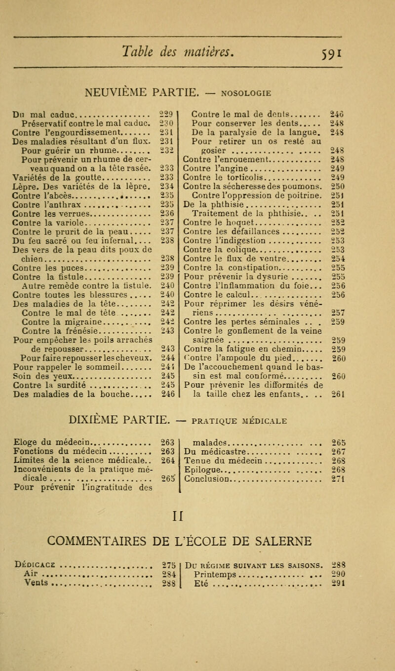 NEUVIEME PARTIE. — nosologie Du mal caduc 229 Préservatif contre le mal caduc. 230 Contre l'engourdissement 2'j i Des maladies résultant d'un flux. 231 Pour guérir un rhume 232 Pour prévenir un rhume de cer- veau quand on a la tète rasée. 233 Variétés de la goutte 233 Lèpre. Des variétés de la lèpre. 234 Contre l'abcès < 235 Contre l'anthrax 23o Contre les verrues 236 Contre la variole 237 Contre le prurit de la peau 237 Du feu sacré ou feu infernal.... 238 Des vers de la peau dits poux de chien 23S Contre les puces 239 Contre la fistule 239 Autre remède contre la fistule. 240 Contre toutes les blessures 240 Des maladies de la tête 242 Contre le mal de tète 242 Contre la migraine 242 Contre la frénésie 243 Pour empêcher le^ poils arrachés de repousser 243 Pour faire repousser les cheveux. 244 Pour rappeler le sommeil 245 Soin des yeux 245 Contre la surdité 245 Des maladies de la bouche 246 Contre le mal de donts 246 Pour conserver les dents 248 De la paralysie de la langue. 24S Pour retirer un os resté au gosier 248 Contre l'enrouement 248 Contre l'angine 249 Contre le torticohs 249 Contre la sécheresse des poumons. 250 Contre l'oppression de poitrine. 251 De la phthisie 251 Traitement de la phthisie.. .. 251 Contre le hoquet 252 Contre les défaillances 252 Contre l'indigestion i!53 Contre la colique 253 Contre le flux de ventre 254 Contre la constipation 255 Pour prévenir la dysurie 255 Contre Tlnflammation du foie... 256 Contre le calcul. 256 Pour réprimer les désirs véné- riens 257 Contre les pertes séminales .. . 259 Contre le gonflement de la veine saignée 259 Contre la fatigue en chemin 259 «Contre l'ampoule du pied 260 De l'accouchement quand le bas- sin est mal conformé 260 Pour prévenir les difformités de la taille chez les enfants.. .. 261 DIXIÈME PARTIE. — pratique médicale Eloge du médecin 263 Fonctions du médecin 263 Limites de la science médicale,. 264 Inconvénients de la pratique mé- dicale 265' Pour prévenir l'ingratitude des malades 265 Du médicastre 267 Tenue du médecin 268 Epilogue 268 GonclusioD 271 II COMMENTAIRES DE L'ÉCOLE DE SALERNE DÉDICACE 275 Air 284 Veots 288 Du RÉGIME SUIVANT LES SAISONS. 288 Printemps 290 Eté 291