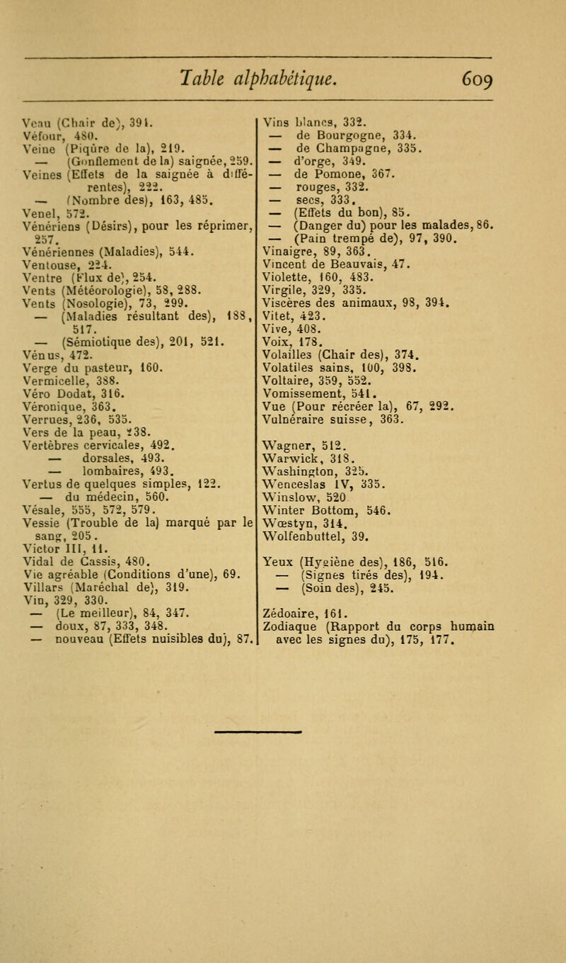 Venu (Chair de), 391. Véfoiir, 4S(). Veine (Piqûre de la), 219. — (Gonflement de la) saignée, 259. Veines (Effets de la saignée à diffé- rentes), 222. — (Nombre des), 163, 485. Venel, 572. Vénériens (Désirs), pour les réprimer, 257. Vénériennes (Maladies), 544. Ventouse, 224. Ventre (Flux de), 254. Vents (Météorologie), 58, 288. Vents (Nosologie), 73, 299. — (Maladies résultant des), 183, 517. — (Sémiotique des), 201, 521. Vénus, 472. Verge du pasteur, 160. Vermicelle, 388. Véro Dodat, 316. Véronique, 363, Verrues, 236, 535. V'ers de la peau, 238. Vertèbres cervicales, 492, — dorsales, 493. — lombaires, 493. Vertus de quelques simples, 122. — du médecin, 560. Vésale, 555, 572, 579. Vessie (Trouble de la) marqué par le sang, 205 . Victor m, 11. Vidal de Cassis, 480. Vie agréable (Conditions d'une), 69. Villars (Maréchal de), 319. Vin, 329, 330. — (Le meilleur), 84, 347, — doux, 87, 333, 348. — nouveau (Effets nuisibles du), 87. Vins blancs, 332. — de Bourgogne, 334. — de Champagne, 335. — d'orge, 349. — de Pomone, 367. — rouges, 332. — secs, 333. — (Effets du bon), 85. — (Danger du) pour les malades, 86. — (Pain trempé de), 97, 390. Vinaigre, 89, 363. Vincent de Beauvais, 47. Violette, 160, 483. Virgile, 329, 335. Viscères des animaux, 98, 394. Vitet, 423. Vive, 408. Voix, 178. Volailles (Chair des), 374. Volatiles sains, 100, 398. Voltaire, 359, 552. Vomissement, 541. Vue (Pour récréer la), 67, 292. Vulnéraire suisse, 363. Wagner, 512. Warwick, 318. Washington, 325. Wenceslas IV, 335. Winslow, 520 Winter Bottom, 546. Wœstyn, 314. Wolfenbuttel, 39. Yeux (Hysiène des), 186, 516. — (Signes tirés des), 194. — (Soin des), 245. Zédoaire, 161. Zodiaque (Rapport du corps humain avec les signes du), 175, 177.