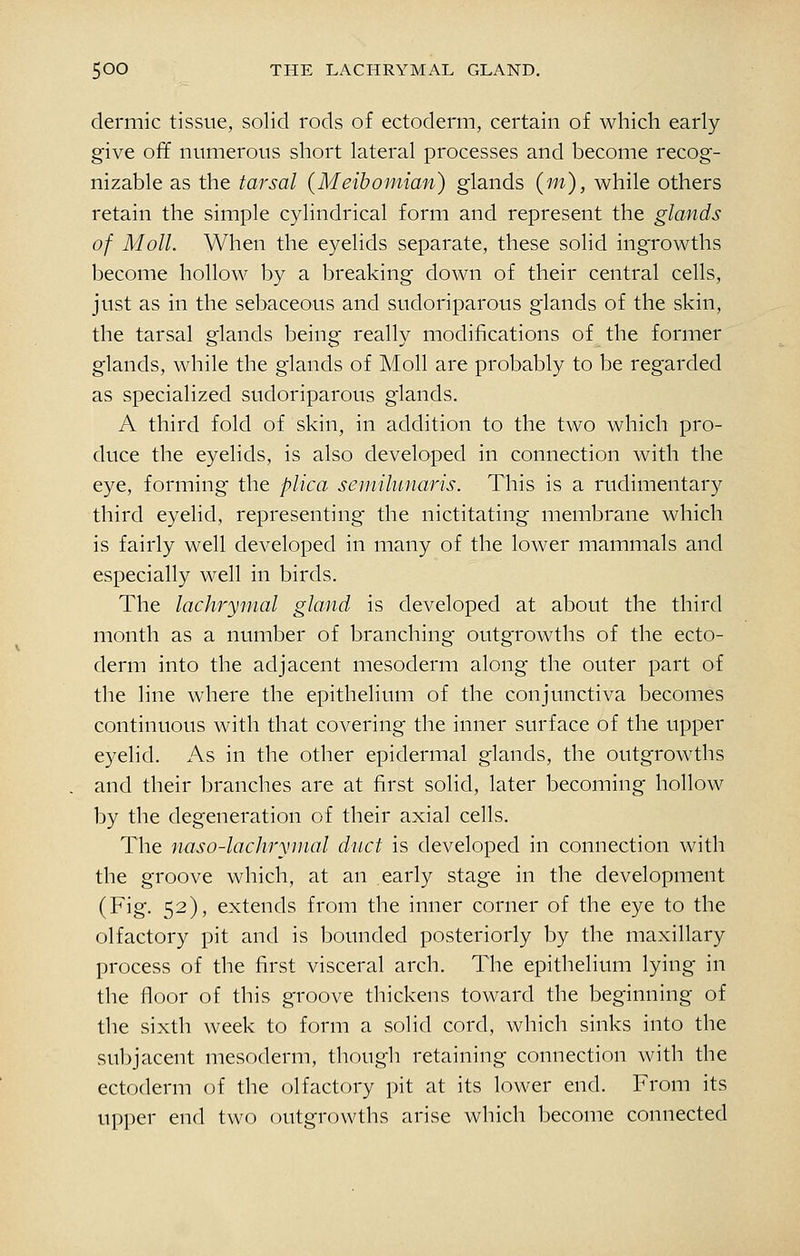 dermic tissue, solid rods of ectoderm, certain of which early give off numerous short lateral processes and become recog- nizable as the tarsal {Meibomian') glands (w), while others retain the simple cylindrical form and represent the glands of Moll. When the eyelids separate, these solid ingrowths become hollow by a breaking down of their central cells, just as in the sebaceous and sudoriparous glands of the skin, the tarsal glands being really modifications of the former glands, while the glands of Moll are probably to be regarded as specialized sudoriparous glands. A third fold of skin, in addition to the two which pro- duce the eyelids, is also developed in connection with the eye, forming the plica semilunaris. This is a rudimentary third eyelid, representing the nictitating membrane which is fairly well developed in many of the lower mammals and especially well in birds. The lachrymal gland is developed at about the third month as a number of branching outgrowths of the ecto- derm into the adjacent mesoderm along the outer part of the line where the epithelium of the conjunctiva becomes continuous with that covering the inner surface of the upper eyelid. As in the other epidermal glands, the outgrowths and their branches are at first solid, later becoming hollow by the degeneration of their axial cells. The naso-lachrymal duct is developed in connection with the groove which, at an early stage in the development (Fig. 52), extends from the inner corner of the eye to the olfactory pit and is bounded posteriorly by the maxillary process of the first visceral arch. The epithelium lying in the floor of this groove thickens toward the beginning of the sixth week to form a solid cord, which sinks into the subjacent mesoderm, though retaining connection with the ectoderm of the olfactory pit at its lower end. From its upper end two outgrowths arise which become connected