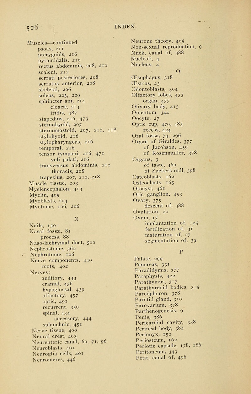 Muscles—continued psoas, 211 pterygoids, 216 pyramidalis, 210 rectus abdominis, 208, 210 scaleni, 212 serrati posteriores, 208 serratus anterior, 208 skeletal, 206 soleus, 225, 229 sphincter ani, 214 cloacae, 214 iridis, 487 stapedius, 216, 473 sternohyoid, 207 sternomastoid, 207, 212, 2ii stylohyoid, 216 stylopharyngeus, 216 temporal, 216 tensor tympani, 216, 471 veli palati, 216 transversus abdominis, 212 thoracis, 208 trapezius, 207, 212, 218 Muscle tissue, 203 Myelencephalon, 413 Myelin, 405 Myoblasts, 204 Myotome, 106, 206 N Nails, 150 Nasal fossae, 81 process, 88 Naso-lachrymal duct, 500 Nephrostome, 362 Nephrotome, 106 Nerve components, 440 roots, 402 Nerves : auditory, 443 cranial, 436 hypoglossal, 439 olfactory, 457 optic, 491 recurrent, 359 spinal, 434 accessory, 444 splanchnic, 451 Nerve tissue, 400 Neural crest, 403 Neurenteric canal, 60, 71, 96 Neuroblasts, 401 Neuroglia cells, 401 Neuromeres, 446 Neurone theory, 405 Non-sexual reproduction, 9 Nuck, canal of, 388 Nucleoli, 4 Nucleus, 4 O CEsophagus, 318 CEstrus, 23 Odontoblasts, 304 Olfactory lobes, 433 organ, 457 Olivary body, 415 Omentum, 344 Oocyte, 2.^ Optic cup, 479, 485 recess, 424 Oral fossa, 74, 296 Organ of Giraldes, 377 of Jacobson, 459 of Rosenmiiller, 378 Organs, 3 of taste, 460 of Zuckerkandl, 398 Osteoblasts, 162 Osteoclasts, 165 Otocyst, 461 Otic ganglion, 453 Ovary, 375 descent of, 388 Ovulation, 20 Ovum, 17 implantation of, 125 fertilization of, 31 maturation of, 2.-] segmentation of, 39 Palate, 299 Pancreas, 331 Paradidymis, 377 Paraphysis, 422 Parathymus, 317 Parathyreoid bodies, 31S Paroophoron, 378 Parotid gland, 310 Parovarium, 378 Parthenogenesis, 9 Penis, 386 Pericardial cavity, 338 Perineal body, 384 Perionyx, 152 Periosteum, 162 Periotic capsule, 178, 186 Peritoneum, 343 Petit, canal of, 496