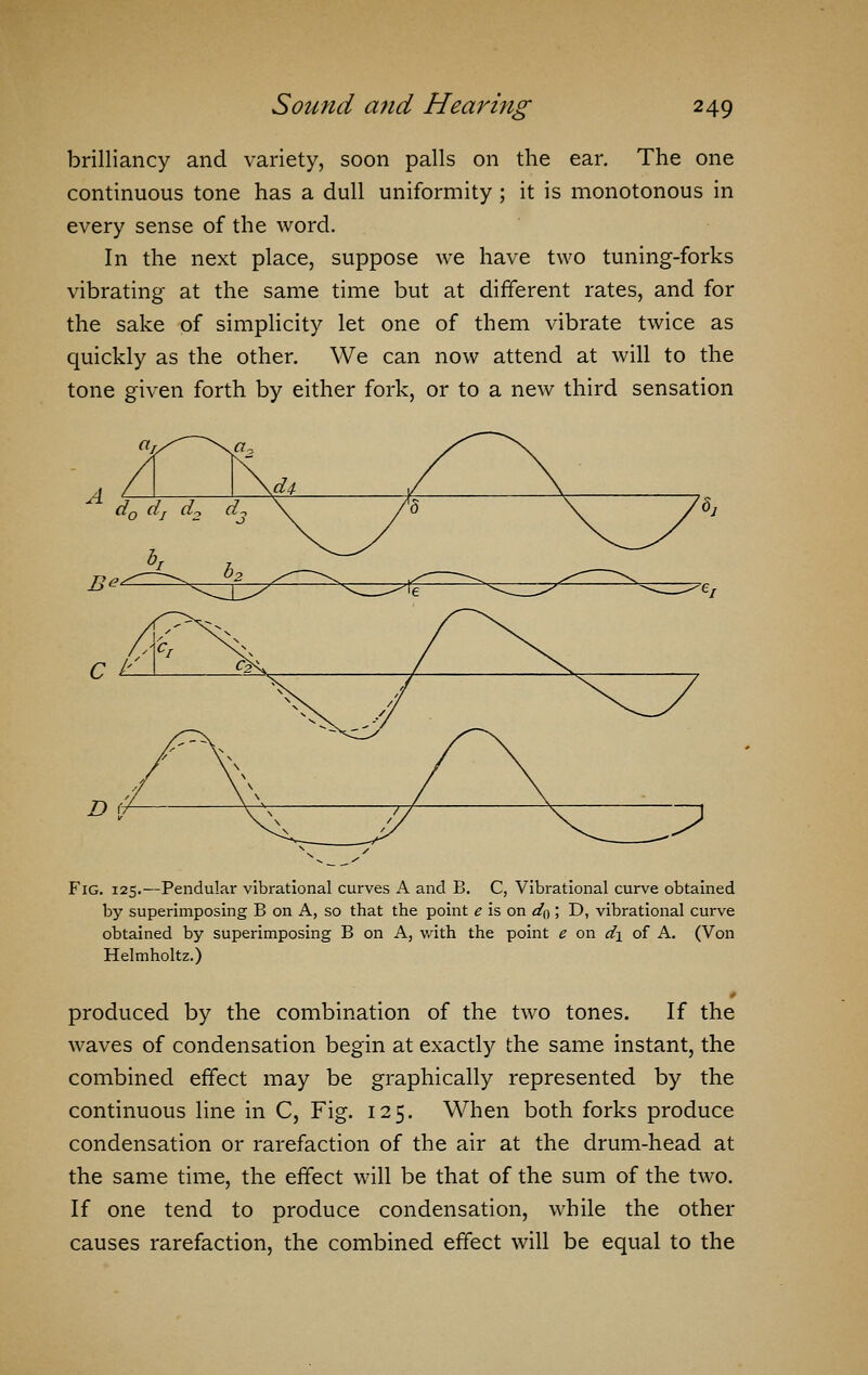 brilliancy and variety, soon palls on the ear. The one continuous tone has a dull uniformity ; it is monotonous in every sense of the word. In the next place, suppose we have two tuning-forks vibrating at the same time but at different rates, and for the sake of simplicity let one of them vibrate twice as quickly as the other. We can now attend at will to the tone given forth by either fork, or to a new third sensation Fig. 125.—Pendular vibrational curves A and B. C, Vibrational curve obtained by superimposing B on A, so that the point e is on do ; D, vibrational curve obtained by superimposing B on A, with the point e on d\ of A. (Von Helmholtz.) produced by the combination of the two tones. If the waves of condensation begin at exactly the same instant, the combined effect may be graphically represented by the continuous line in C, Fig. 125. When both forks produce condensation or rarefaction of the air at the drum-head at the same time, the effect will be that of the sum of the two. If one tend to produce condensation, while the other causes rarefaction, the combined effect will be equal to the