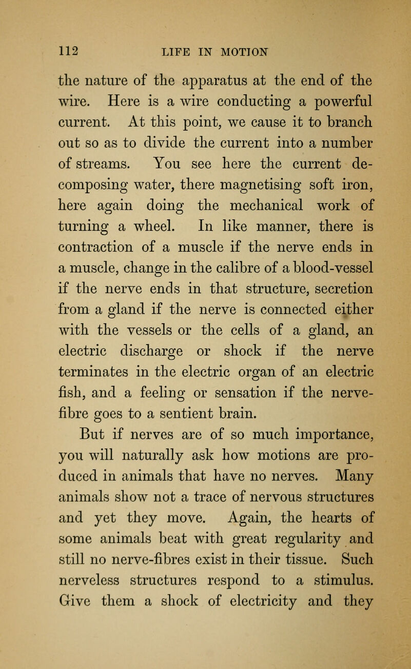 the nature of the apparatus at the end of the wire. Here is a wire conducting a powerful current. At this point, we cause it to branch out so as to divide the current into a number of streams. You see here the current de- composing water, there magnetising soft iron, here again doing the mechanical work of turning a wheel. In like manner, there is contraction of a muscle if the nerve ends in a muscle, change in the calibre of a blood-vessel if the nerve ends in that structure, secretion from a gland if the nerve is connected either with the vessels or the cells of a gland, an electric discharge or shock if the nerve terminates in the electric organ of an electric fish, and a feeling or sensation if the nerve- fibre goes to a sentient brain. But if nerves are of so much importance, you will naturally ask how motions are pro- duced in animals that have no nerves. Many animals show not a trace of nervous structures and yet they move. Again, the hearts of some animals beat with great regularity and still no nerve-fibres exist in their tissue. Such nerveless structures respond to a stimulus. Give them a shock of electricity and they