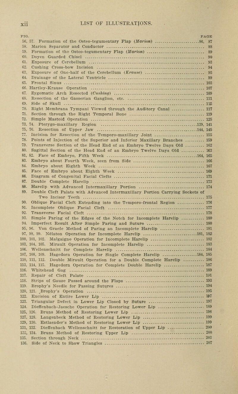 FIG. PAGE 56, 57. Formation of the Osteo-tegumentary Flap (Marion) 86, 87 58. Marlon Separator and Conductor 88 59. Formation of the Osteo-tegumentary Flap (Marion) 89 60. Doyen Guarded Chisel 90 61. Exposure of Cerebellum 93 62. Gushing Cross-bow Incision 94 63. Exposure of One-half of the Cerebellum (Erause) 95 64. Drainage of the Lateral Ventricle 99 65. Frontal Sinus 103 66. Hartley-Krause Operation 107 67. Zygomatic Arch Resected (CusJiing) 109 68. Resection of the Gasserian Ganglion, etc Ill 69. Side of Skull 115 70. Right Membrana Tympani Viewed through the Auditory Canal 117 71. Section through the Right Temporal Bone 119 72. Simple Mastoid Operation 125 73. 74. Pterygo-maxillary Region 139, 141 75,76. Resection of Upper jaw , 144,145 77. Incision for Resection of the Temporo-maxillary Joint 155 78. Points of Injection of the Superior and Inferior Maxillary Branches 159 79. Transverse Section of the Head End of an Embryo Twelve Days Old 162 80. Sagittal Section of the Head End of an Embryo Twelve Days Old IBS 81. 82. Face of Embryo, Fifth TS'eek 164, 165 83. Embryo about Fourth Week, seen from Side 166 84. Embryo about Eighth Week 167 85. Face of Embryo about Eighth Week 169 86. Diagram of Congenital Facial Clefts 171 87. Double Complete Harelip 173 88. Harelip with Advanced Intermaxillary Portion 174 89. Double Cleft Palate with Advanced Intermaxillary Portion Carrying Sockets of Two Incisor Teeth 175 90. Oblique Facial Cleft Extending into the Temporo-frontal Region 176 91. Incomplete Oblique Facial Cleft 177 92. Transverse Facial Cleft 178 93. Simple Paring of the Edges of the Notch for Incomplete Harelip 180 94. Imperfect Result After Simple Paring and Suture 180 95. 96. Von Graele Method of Paring an Incomplete Harelip 181 97,98,99. Nelaton Operation for Incomplete Harelip 181,182 100, 101, 102. Malgaigne Operation for Incomplete Harelip 182 103, 104, 105. Mlrault Operation for Incomplete Harelip 183 106. Wellenschnitt for Complete Harelip 184 107, 108, 109. Hagedorn Operation for Single Complete Harelip 184, 185 110, 111, 112. Double Mlrault Operation for a Double Complete Harelip 186 113, 114, 115. Hagedorn Operation for Complete Double Harelip 187 U6. Whitehead Gag 189 117. Repair of Cleft Palate 191 118. Strips of Gauze Passed around the Flaps 193 119. Brophy's Needle for Passing Sutures 194 120. 121. ^Brophy's Operation 195 122. Excision of Entire Lower Lip Ifi7 123. Triangular Defect in Lower Lip Closed by Suture 197 124. Dieffenbach-Jaesche Operation for Restoring Lower Lip 189 125. 126. Bruns Method of Restoring Lower Lip 1S8 127, 128. Langenbeck Method of Restoring Lower Lip 199 129, 130. Estlaender's Method of Restoring Lower Lip 199 131, 132. Dieffenbach Wellenschnitt for Restoration of Upper Lip 200 133, 134. Bruns Method of Restoring Upper Lip 200 135. Section through Neck 203 136. Side of Xeek to Show Triangles 207
