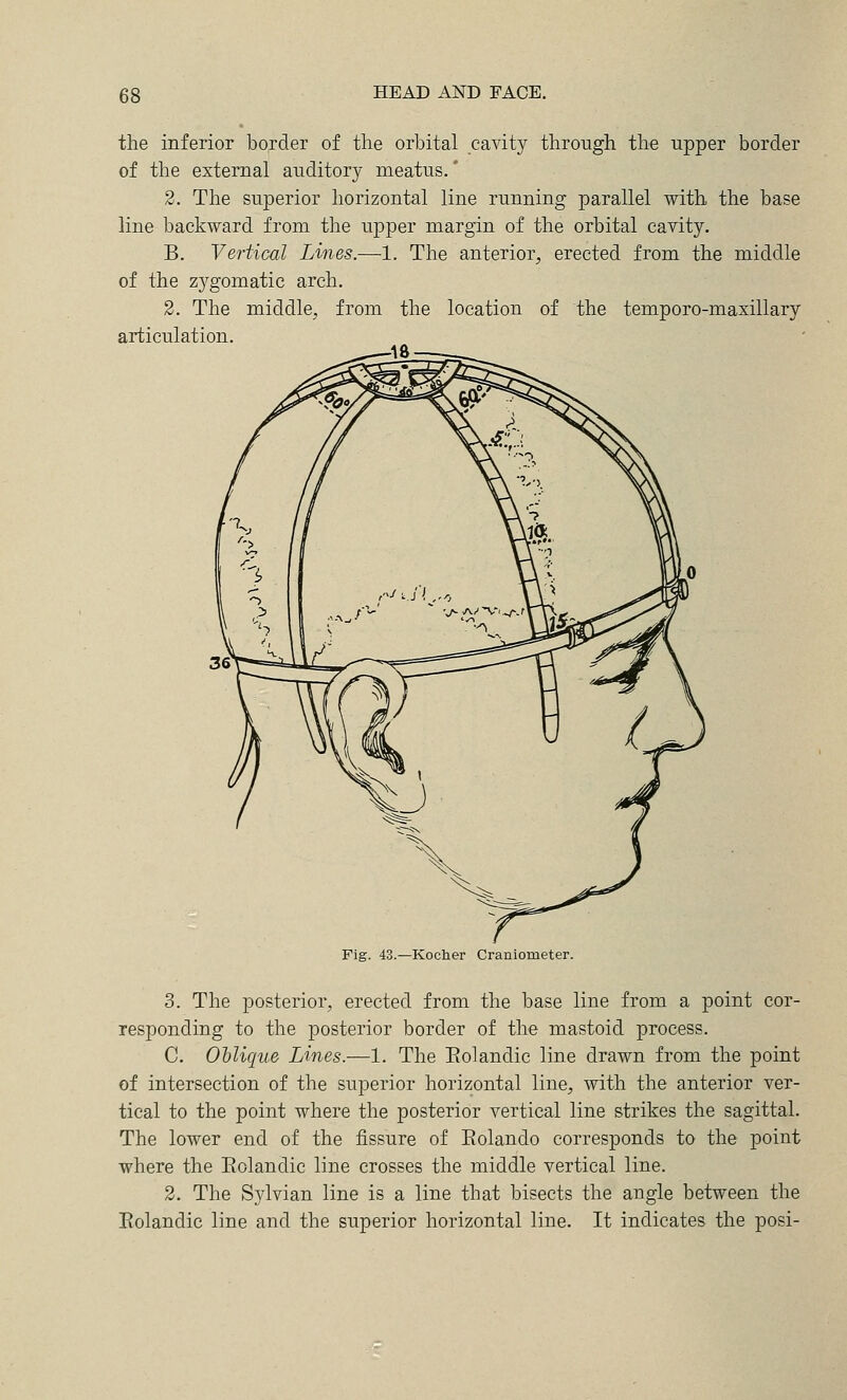 the inferior border of the orbital cavity through the upper border of the external auditory meatus.' 2. The superior horizontal line running parallel with the base line backward from the upper margin of the orbital cavity. B. Vertical Lines.—1. The anterior, erected from the middle of the zygomatic arch. 2. The middle, from the location of the temporo-maxillary articulation. Fig. 43.—Kocher Craniometer. 3. The posterior, erected from the base line from a point cor- responding to the posterior border of the mastoid process. C. Ollique Lines.—1. The Eolandic line drawn from the point of intersection of the superior horizontal line, with the anterior ver- tical to the point where the posterior vertical line strikes the sagittal. The lower end of the fissure of Eolando corresponds to the point where the Eolandic line crosses the middle vertical line. 2. The Sylvian line is a line that bisects the angle between the Eolandic line and the superior horizontal line. It indicates the posi-