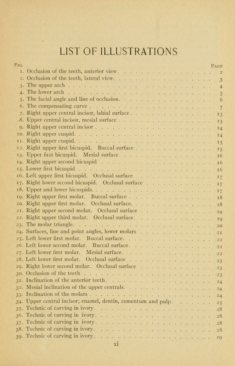 LIST OF ILLUSTRATIONS Pig. Pace 1. Occlusion of the teeth, anterior view 2 2. Occlusion of the teeth, lateral view 3 3. The upper aich 4 4. The lower arch 5 5. The facial angle and line of occlusion 6 6. The compensating cur\'e 7 7. Right upper central incisor, labial surface 13 .8. Upper central incisor, mesial surface 13 0. Right upper central incisor 14 10. Right uppei cuspid 14 11. Right upper cuspid 15 12. Right upper first bicuspid. Buccal surface i^ 13. Uppei fiist bicuspid. Mesial surface 16 14. Right upper second bicuspid 16 15. Lower first bicuspid 16 16. Left upper first bicuspid. Occlusal surface ly 17. Right lower second bicuspid. Occlusal surface 17 18. Upper and lower bicuspids 17 19. Right upper first molar. Buccal surface 18 20. Right upper first molar. Occlusal surface 18 21. Right upper second molar. Occlusal surface iq 22. Right upper third molar. Occlusal surface ig 23. The molar triangle 20 24. Surfaces, line and point angles, lower molars 21 25. Left lower first molar. Buccal surface 22 26. Left lower second molar. Buccal surface 22 27. Left lower first molar. ^Mesial surface 22 28. Left lower first molar. Occlusal surface 23 29. Right lower second molar. Occlusal surface 23 30. Occlusion of the teeth 23 31. Inclination of the anterior teeth 24 32. Mesial inclination of the upper centrals 24 33. Inclination of the molars 24 34. Upper central incisor; enamel, dentin, cementum and pulp 25 35. Technic of carving in ivory 28 36. Technic of carving in ivory 28 37. Technic of carving in ivory 28 38. Technic of carving in ivory 28 39. Technic of carving in ivory 29