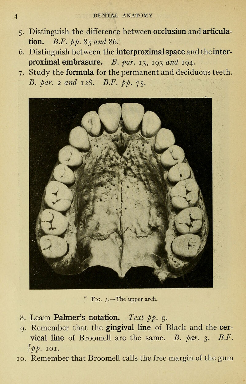 Distinguish the difference between occlusion and articula- tion. B.F. pp. 85 and 86. Distinguish between the interproximal space and the inter- proximal embrasure. B. par. 13, 193 and 194. Study the formula for the permanent and deciduous teeth. B. par. 2 and 128. B.F. pp. 75. . * Fig. 3.—The upper arch. 8. Learn Palmer's notation. Text pp. g. 9. Remember that the gingival line of Black and the cer- vical line of Broomell are the same. B. par. 3. B.F. \pp. lOI. 10. Remember that Broomell calls the free margin of the gum
