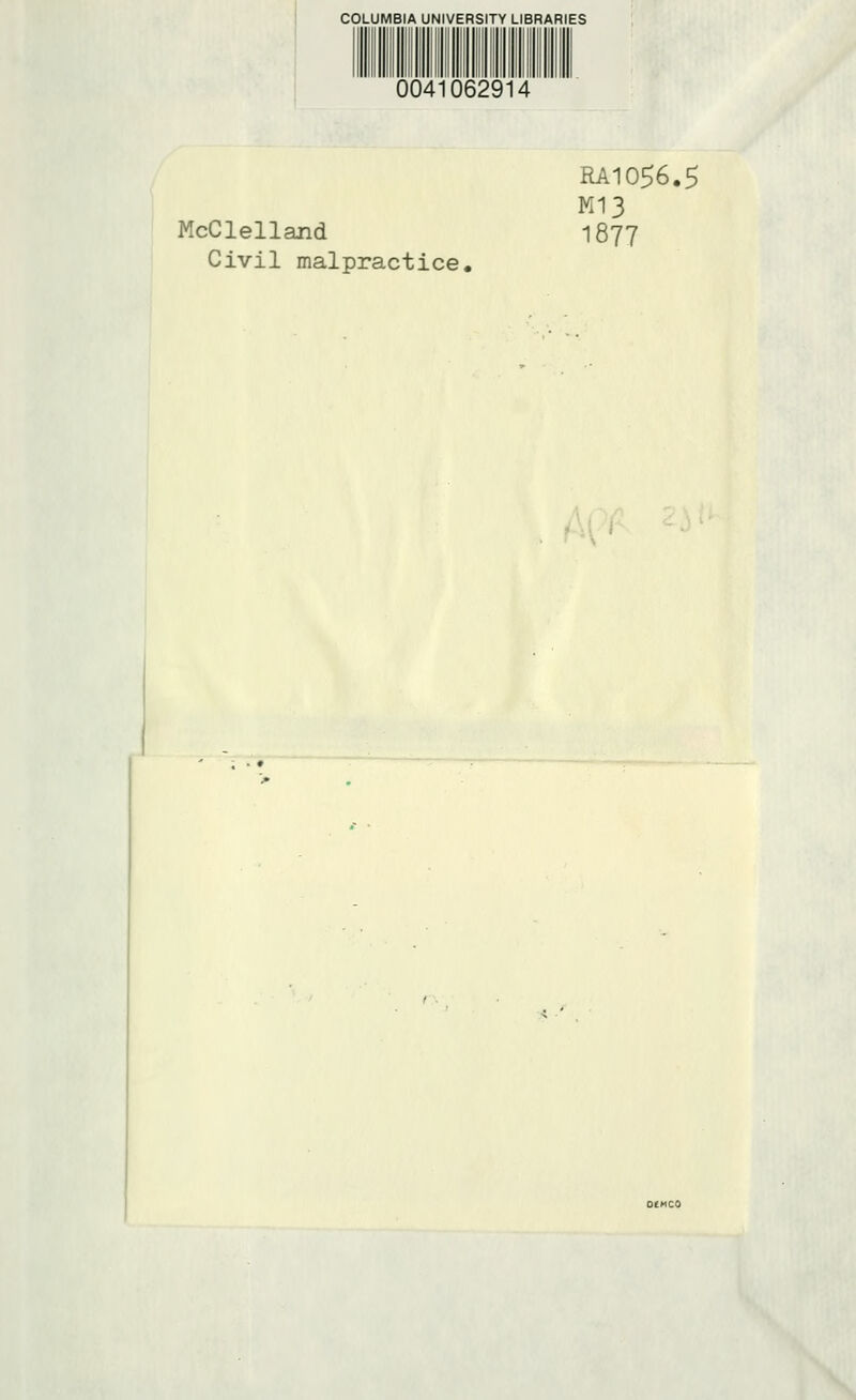 COLUMBIA UNIVERSITY LIBRARIES 0041062914 McClelland Civil malpractice. RA1056.5 MI3 1877 Ai