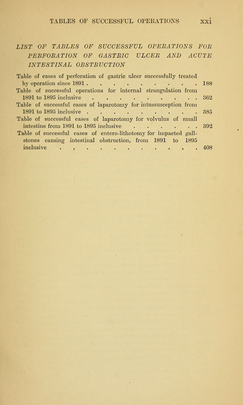 LIST OF TABLES OF SUCCESSFUL OPEEATIONS FOB PEBFOBATION OF GASTBIC ULCEB AND ACUTE INTESTINAL OBSTBUCTION Table of cases of perforation of gastric ulcer successfully treated by operation since 1891 ......... 188 Table of successful operations for internal strangulation from 1891 to 1895 inclusive 362 Table of successful cases of laparotomy for intussusception from 1891 to 1895 inclusive 385 Table of successful cases of laparotomy for volvulus of small intestine from 1891 to 1895 inclusive . . . . . . 392 Table of successful cases of entero-lithotomy for impacted gall- stones causing intestinal obstruction, from 1891 to 1895 inclusive 408