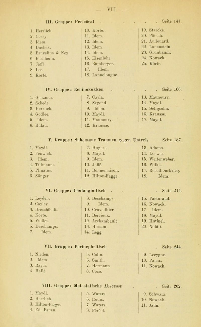 - VIII 111. (Jruppe: Peiicöcal Seite 141. 1. Herrlicli. 2. Cossy. 3. Hera. 4. Duchek. 5. Bruzelius & Key. 6. Benilieim. 7. Jaffe. 8. Lee. 9. Körte. 10. Körte. 11. Wem. 12. Idem. 13. Idem. 14. Idem. 15. Eisenlohr. 16. BUmberger. 17. Idem. 18. Lamielon^ue. 19. Starcke. 20. Patsch. 21. Aiidouard. 22. Laueiistein. 23. Grünbaum. 24. Nowack. 25. Körte. 1. Genzmer 2. Schede. 3. Herrlich. 4. Godlee. 5. Idem. 6. Bülau. IV. Gruppe : Echinokokken 7. Cayla. 8. Segond. 9. Idem. Seite 166. 10. Maydl. 11. Maiuioiu-y. 12. Krausse. 13. Maiinoury. 14. Maydl. 15. Seligsohn. 16. Kraiisse. 17. Maydl. V. Gl •appe: Suljcntane Traumen gegen Uuterl. . Seite 187 1. Maydl. 7. Hughes. 13. Adams. 2. Feuvvick. 8. Maydl. 14. Loewer. 3. Idem. 9. Idem. 15. Weitenweber. 4. Tillmanns 10. Jaffe. 16. Wilks. 5. Plinatus. 11. Bonnemaison. 17. Rebellionskrieg. 6. Sänger. 12. Hilton-Fagge. 18. Idem. VI. Gl uppe: Cliolang-ioitiscli . Seite 214 1. Leyden. 8. Deschamps. 15. Pasturaud. 2. Cayley. 9. Idem. 16. Nowack. 3. Dreschfeldt. 10. Cruveilhier. 17. Idem. 4. Köi-te. 11. Bercioux. 18. Maydl. 5. Viollet. 12. Archambault. 19. Hutin el. 6. Deschamps. 13. Husson. 20. Nobili. 7. Idem. 14. Legg. VII. Gruppe: Perinepliritiscli 1. Nieden. j 5. Colin. 2. Idem. 6. Smith. 3. Rayer. 7. Hermann. 4. Halle. 8. Coco. Seite 244. 9. Lecygne. 10. Panas. 11. Xowack. VIII. Gruppe: Metastatische Abscesse 1. Maydl. | 5. Waters. 2. Herrlich. | 6. Rouis. 4. Ed. Bruen. 8. Fereol. Seite 262. 9. Schwarz. 10. Nowack.