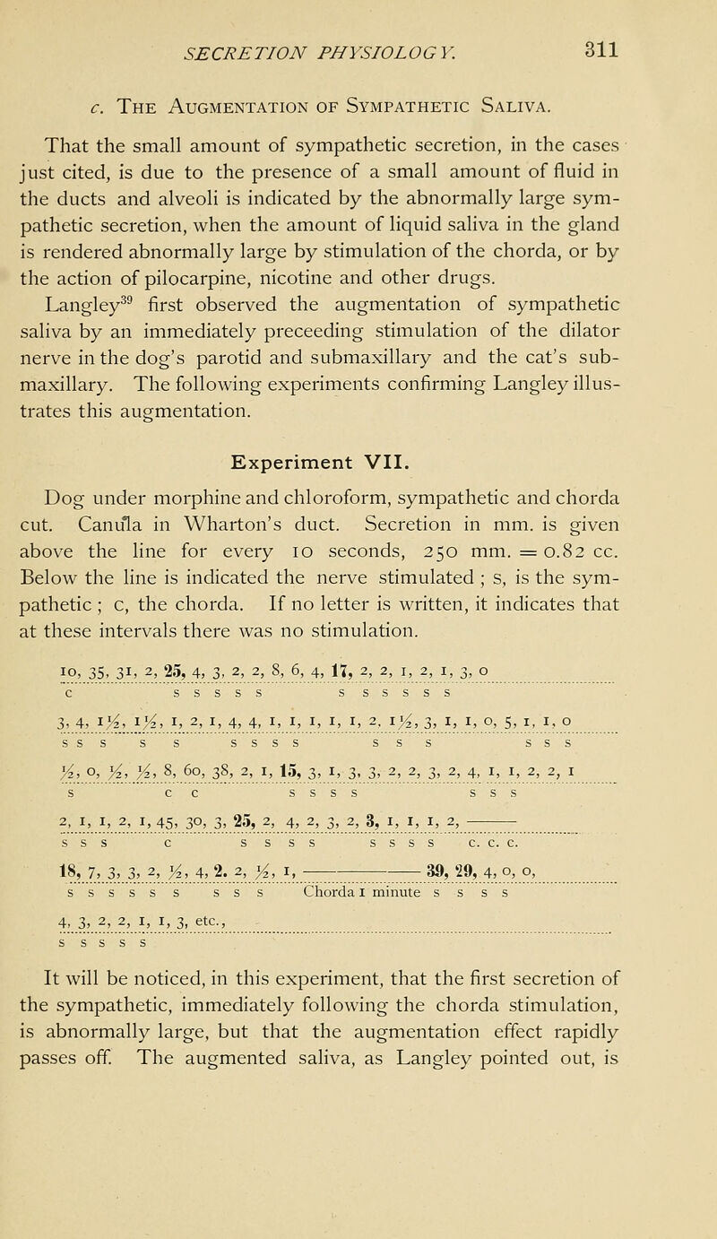 c. The Augmentation of Sympathetic Saliva. That the small amount of sympathetic secretion, in the cases just cited, is due to the presence of a small amount of fluid in the ducts and alveoli is indicated by the abnormally large sym- pathetic secretion, when the amount of liquid sahva in the gland is rendered abnormally large by stimulation of the chorda, or by the action of pilocarpine, nicotine and other drugs. Langley^^ first observed the augmentation of sympathetic saliva by an immediately preceeding stimulation of the dilator nerve in the dog's parotid and submaxillary and the cat's sub- maxillary. The following experiments confirming Langley illus- trates this augmentation. Experiment VII. Dog under morphine and chloroform, sympathetic and chorda cut. Canula in Wharton's duct. Secretion in mm. is given above the line for every lo seconds, 250 mm. =0.82 cc. Below the line is indicated the nerve stimulated ; s, is the sym- pathetic ; c, the chorda. If no letter is written, it indicates that at these intervals there was no stimulation. 10, 35. 3i> 2, 25, 4, 3, 2, 2, 8, 6, 4, 17, 2, 2, I, 2,, I, 3, o c sssss ssssss 3, 4, i>^, 1^, I, 2, I, 4, 4, i> 1= I. I. !> 2.j[/^> 3, I5 I, o, 5, I, 1,0 sssss ssss sss sss M!..°^.M^./^^.^^.^°A.3?A.^:.^^*:^^3> I. 3. 3> 2, 2, 3, 2, 4, ^^ s cc ssss sss 2, I, I, 2, I, 45, 30, 3, 25, 2, 4, 2, 3, 2, 3, I, I, I, 2, sss c ssss ssss c. c. c. %7; 3; 3;..2, >^, 4,2. 2:,J^, I, ^.^!^.4> 0>, O;. ssssss sss Chorda i minute ssss 4, 3, 2, 2, I, I, 3, etc., sssss It will be noticed, in this experiment, that the first secretion of the sympathetic, immediately following the chorda stimulation, is abnormally large, but that the augmentation effect rapidly passes off. The augmented saliva, as Langley pointed out, is