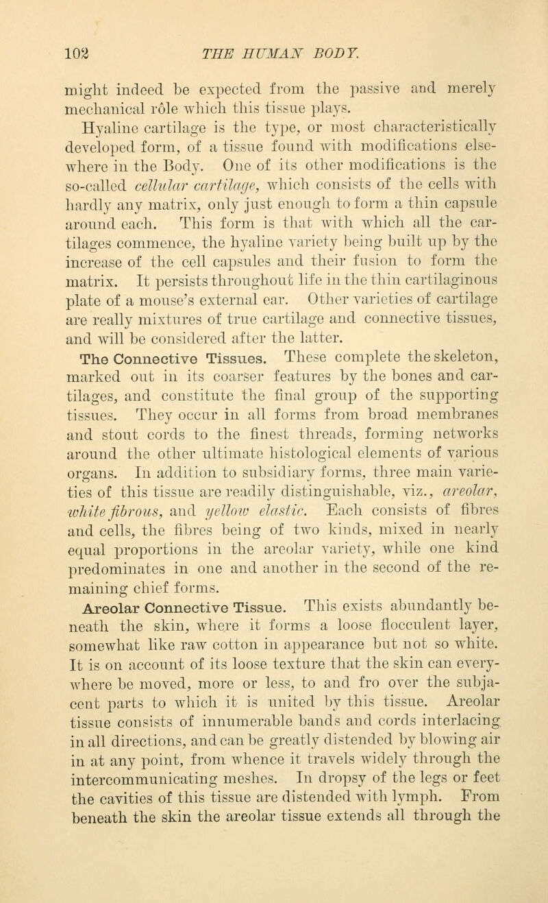 might indeed be expected from the passive and merely mechanical rdle which this tissue plays. Hyaline cartilage is the type, or most characteristically developed form, of a tissue found with modifications else- where in the Body. One of its other modifications is the so-called cellular cartilage, which consists of the cells with hardly any matrix, only just enough to form a thin capsule around each. This form is that with which all the car- tilages commence, the hyaline variety being built up by the increase of the cell capsules and their fusion to form the matrix. It persists throughout life in the thin cartilaginous plate of a mouse's external ear. Other varieties of cartilage are really mixtures of true cartilage and connective tissues, and will be considered after the latter. The Connective Tissues. These complete the skeleton, marked out in its coarser features by the bones and car- tilages, and constitute the final group of the supporting tissues. They occur in all forms from broad membranes and stout cords to the finest threads, forming networks around the other ultimate histological elements of various organs. In addition to subsidiary forms, three main varie- ties of this tissue are readily distinguishable, viz., areolar, white fibrous, and yelloiv elastic. Each consists of fibres and cells, the fibres being of two kinds, mixed in nearly equal proportions in the areolar variety, while one kind predominates in one and another in the second of the re- maining chief forms. Areolar Connective Tissue. This exists abundantly be- neath the skin, where it forms a loose flocculent layer, somewhat like raw cotton in appearance but not so white. It is on account of its loose texture that the skin can every- where be moved, more or less, to and fro over the subja- cent parts to which it is united by this tissue. Areolar tissue consists of innumerable bands and cords interlacing, in all directions, and can be greatly distended by blowing air in at any point, from whence it travels widely through the intercommunicating meshes. In dropsy of the legs or feet the cavities of this tissue are distended with lymph. From beneath the skin the areolar tissue extends all through the