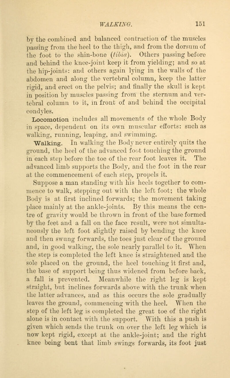 by the combined and balanced contraction of the muscles passing from the heel to the thigh, and from the dorsum of the foot to the shin-bone {tibia). Others passing before and behind the knee-joint keep it from yielding; and so at the hip-joints: and others again lying in the walls of the abdomen and along the vertebral column, keep the latter rigid, and erect on the pelvis; and finally the skull is kept in position by muscles passing from the sternum and ver- tebral column to it, in front of and behind the occipital condyles. Locomotion includes all movements of the whole Body in space, dependent on its own muscular efforts: such as walking, running, leaping, and swimming. Walking. In walking the Body never entirely quits the ground, the heel of the advanced foot touching the ground in each step before the toe of the rear foot leaves it. The advanced limb supports the Body, and the foot in the rear at the commencement of each step, propels it. Suppose a man standing with his heels together to com- mence to walk, stepping out with the left foot; the whole Body is at first inclined forwards; the movement taking place mainly at the ankle-joints. By this means the cen- tre of gravity would be thrown in front of the base formed by the feet and a fall on the face result, were not simulta- neously the left foot slightly raised by bending the knee and then swung forwards, the toes just clear of the ground and, in good walking, the sole nearly parallel to it. When the step is comj)leted the left knee is straightened and the sole placed on the ground, the heel touching it first and, the base of support being thus widened from before back, a fall is prevented. MeaiiAvhile the right leg is kept straight, but inclines forwards above with the trunk when the latter advances, and as this occurs the sole gradually leaves the ground, commencing with the heel. When the step of the left leg is completed the great toe of the right alone is in contact with the support. With this a push is given which sends the trunk on over the left leg which is now kept rigid, except at the ankle-joint; and the right knee being bent that limb swings forwards, its foot just