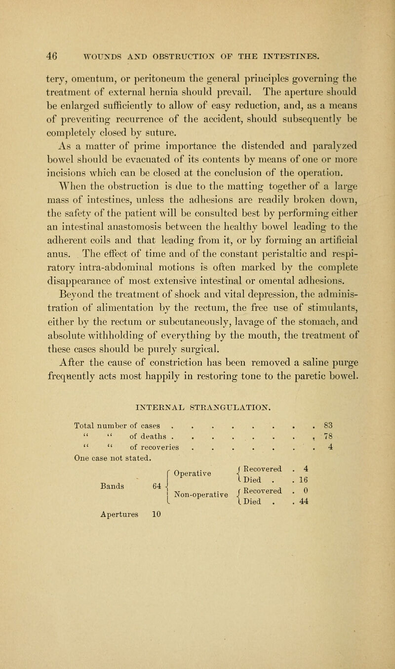 tery, omentum, or peritoneum the general principles governing the treatment of external hernia should prevail. The aperture should be enlarged sufficiently to allow of easy reduction, and, as a means of preventing recurrence of the accident, should subsequently be com2)letely closed by suture. As a matter of prime importance the distended and paralyzed bowel should be evacuated of its contents by means of one or luore incisions which can be closed at the conclusion of the operation. When the obstruction is due to the matting together of a large mass of intestines, unless the adhesions are readily broken down, the safety of the patient will be consulted best by performing cither an intestinal anastomosis between the healthy bowel leading to the adherent coils and that leading from it, or by forming an artificial anus. The effect of time and of the constant peristaltic and respi- ratory intra-abdominal motions is often marked by the complete disappearance of most extensive intestinal or omental adhesions. Beyond the treatment of shock and vital depression, the adminis- tration of alimentation by the rectum, the free use of stimulants, either by the rectum or subcutaneously, lavage of the stomach, and absolute withholding of everything by the mouth, the treatment of these cases should be purely surgical. After the cause of constriction has been removed a saline purge frequently acts most happily in restoring tone to the paretic bowel. INTERNAL STRANGULATION. Total number of cases ........ 83   of deaths ......... 78   of recoveries ....... 4 One case not stated. r r\ ^- S Recovered . 4 I Operative \ I Died . . 16 Bands 64 -^ , o jr. Non-operative f R'^co^ered . 0 I IDied . . 44 Apertures 10