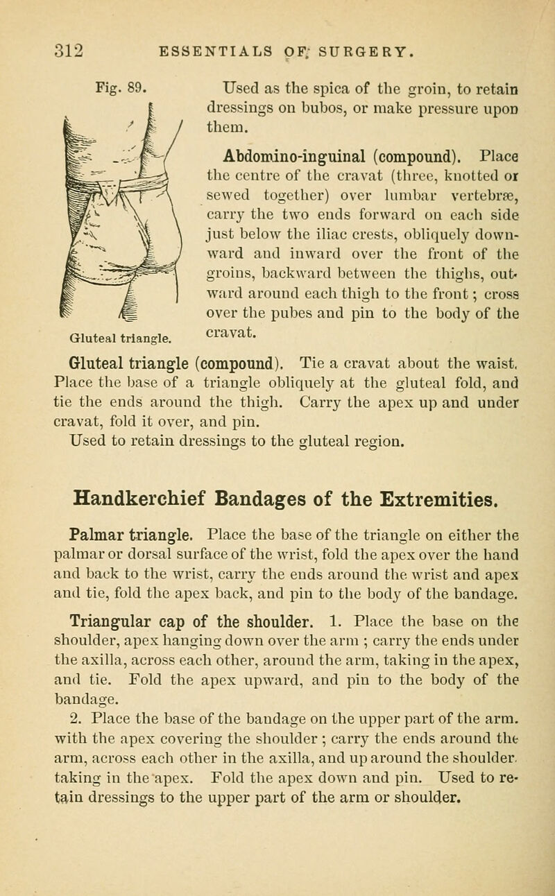 Fig. 89. Gluteal triangle. Used as the spica of the groin, to retain dressings on bubos, or make pressure upon them. Abdomino-inguinal (compound). Place the centre of the cravat (three, knotted or sewed together) over hniibar vertebrae, ciiYvy the two ends forward on each side just below the iliac crests, obliquely down- ward and inward over the front of the groins, backward between the thighs, out* ward around each thigh to the front; cross over the pubes and pin to the body of the cravat. Gluteal triangle (compound). Tie a cravat about the waist, Place the base of a ti-iangle obliquely at the gluteal fold, and tie the ends around the thigh. Carry the apex up and under cravat, fold it ovei', and pin. Used to retain dressings to the gluteal region. Handkerchief Bandages of the Extremities. Palmar triangle. Place the base of the triangle on either the palmar or dorsal surface of the wrist, fold the apex over the hand and back to the wrist, carry the ends around the wrist and apex and tie, fold the apex back, and pin to the body of the bandage. Triangular cap of the shoulder. 1. Place the base on the shoulder, apex hanging down over the arm ; carry the ends under the axilla, across each other, around the arm, taking in the apex, and tie. Fold the apex upward, and pin to the body of the bandage. 2. Place the base of the bandage on the upper part of the arm. with the apex covering the shoulder ; carry the ends around the arm, across each other in the axilla, and up around the shoulder, taking in the apex. Fold the apex down and pin. Used to re- tain dressings to the upper part of the arm or shoulder.